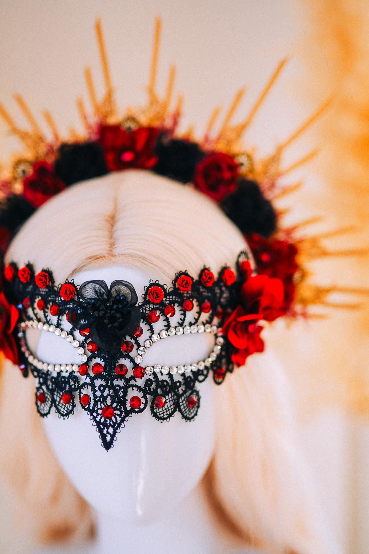 Burgundy Lace Masquerade Mask with Crystals – Fantasy Ball Eye Mask