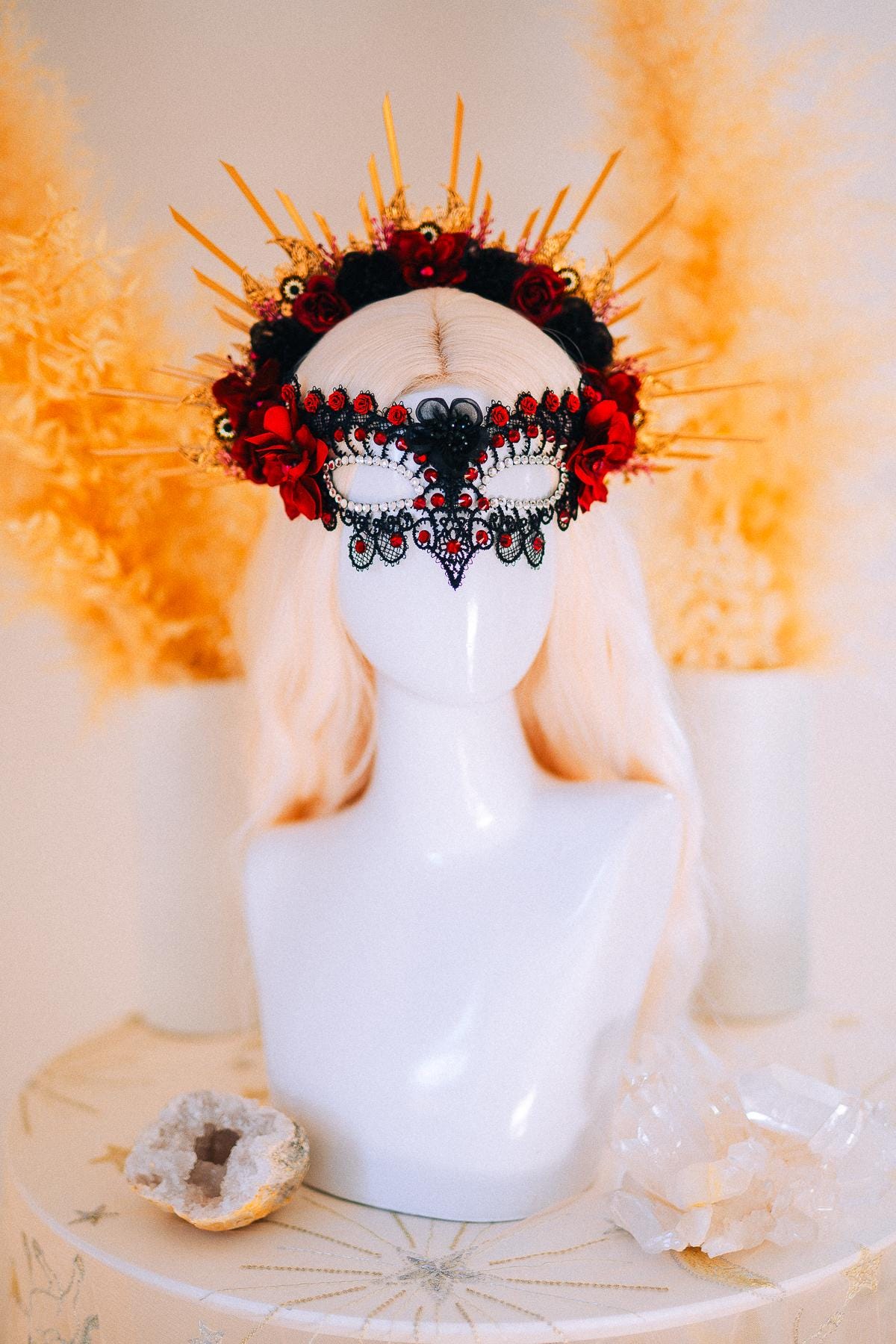 Burgundy Gold Crown Sunburst Tiara Masquerade Queen Headpiece