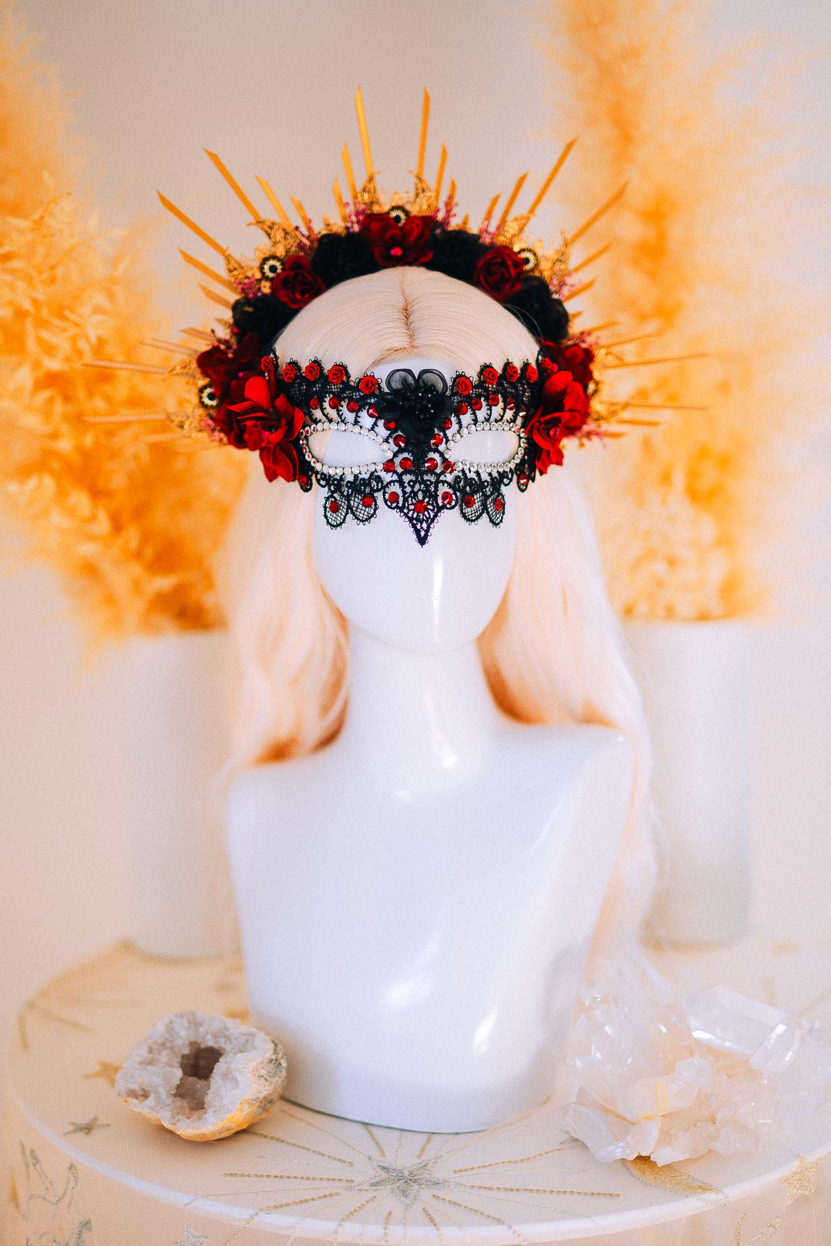 Burgundy Lace Masquerade Mask with Crystals – Fantasy Ball Eye Mask