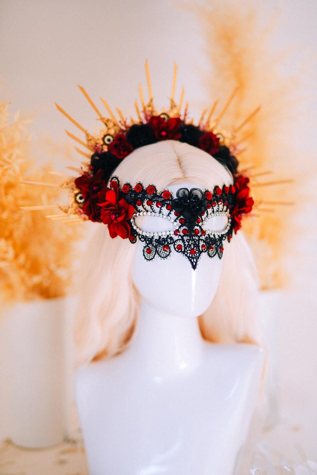 Burgundy Gold Crown Sunburst Tiara Masquerade Queen Headpiece