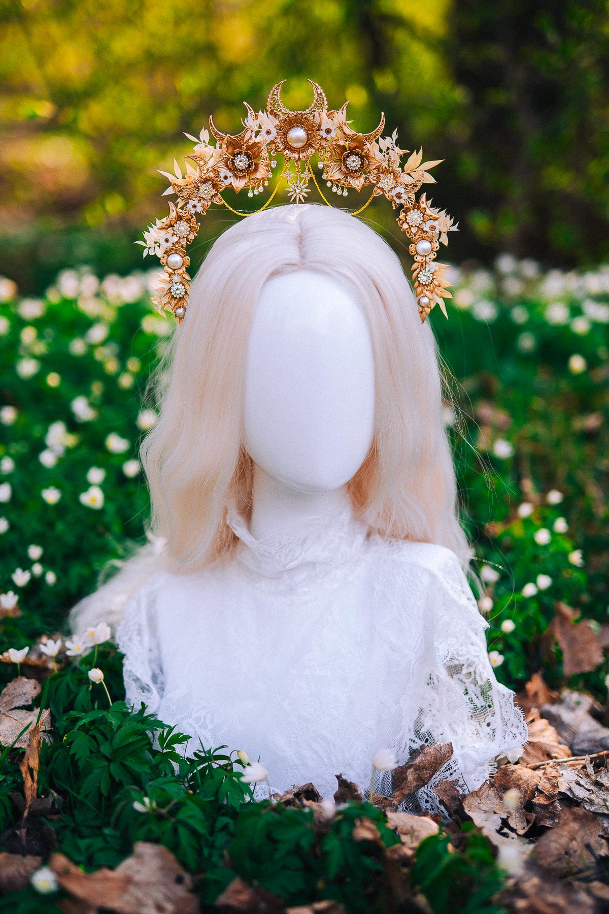 Gold Floral Halo Crown Moon Bridal Headpiece Boho Wedding Goddess Crown