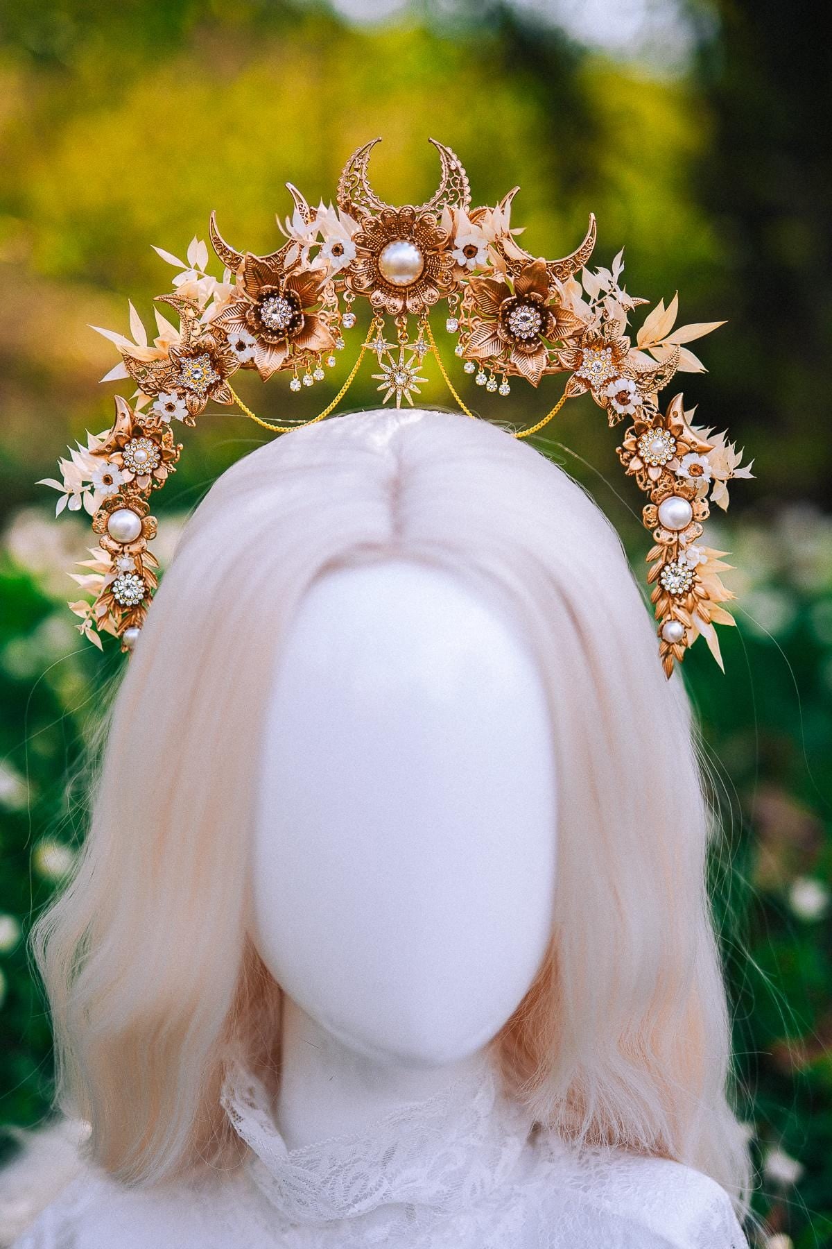 Gold Floral Halo Crown Moon Bridal Headpiece Boho Wedding Goddess Crown