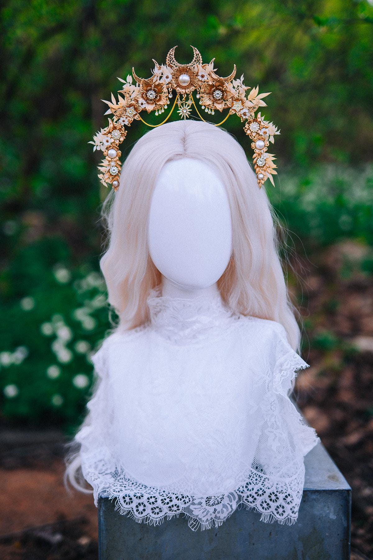 Gold Floral Halo Crown Moon Bridal Headpiece Boho Wedding Goddess Crown
