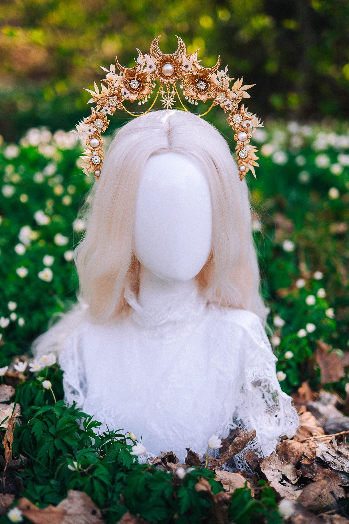 Gold Floral Halo Crown Moon Bridal Headpiece Boho Wedding Goddess Crown