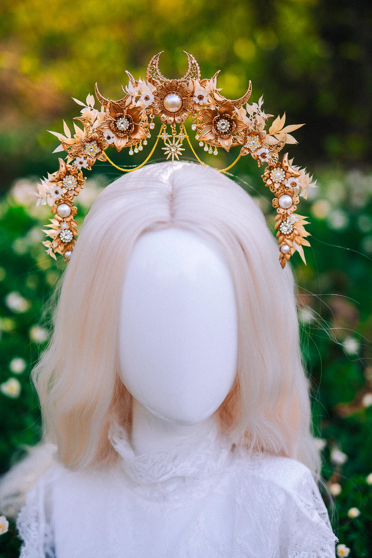 Gold Floral Halo Crown Moon Bridal Headpiece Boho Wedding Goddess Crown