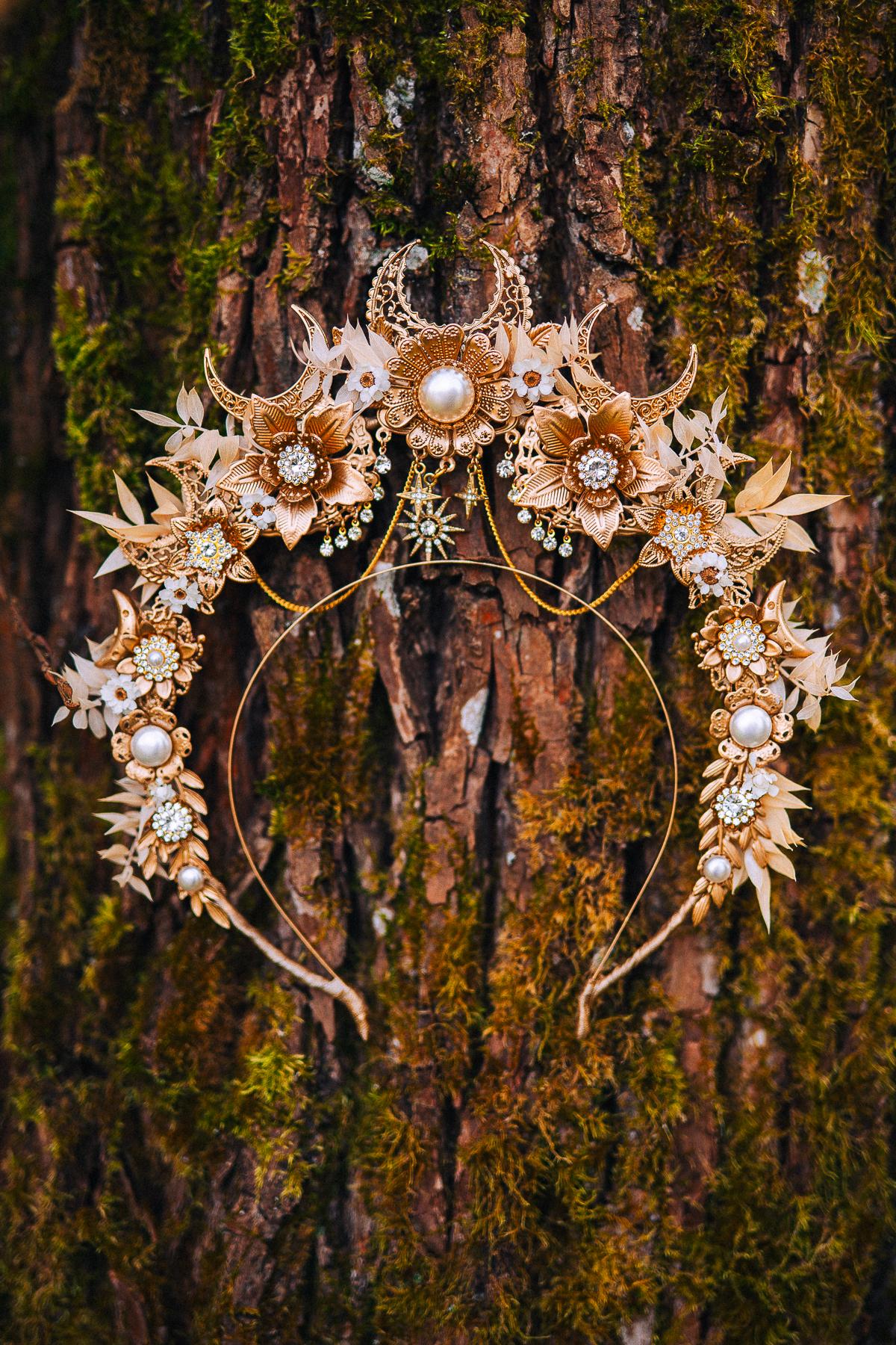 Gold Floral Halo Crown Moon Bridal Headpiece Boho Wedding Goddess Crown