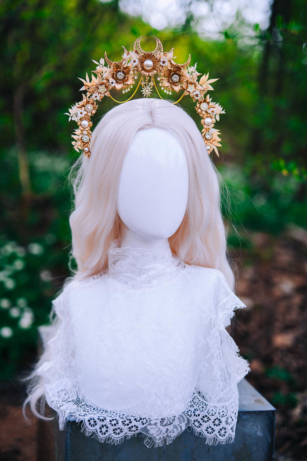 Gold Floral Halo Crown Moon Bridal Headpiece Boho Wedding Goddess Crown