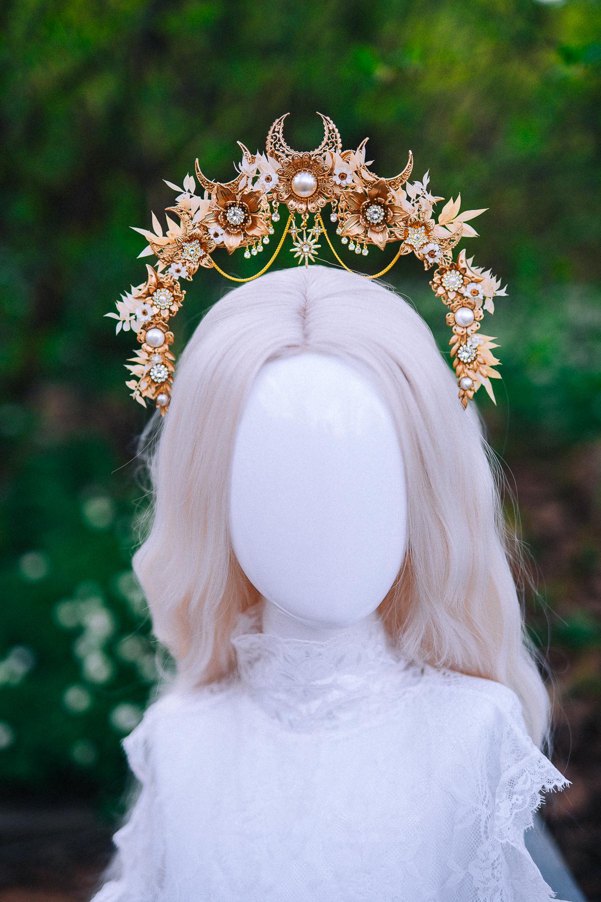 Gold Floral Halo Crown Moon Bridal Headpiece Boho Wedding Goddess Crown