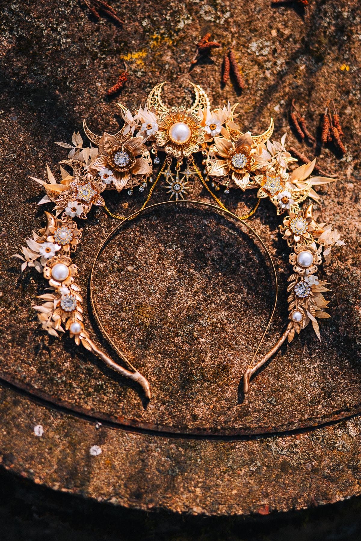 Gold Floral Halo Crown Moon Bridal Headpiece Boho Wedding Goddess Crown