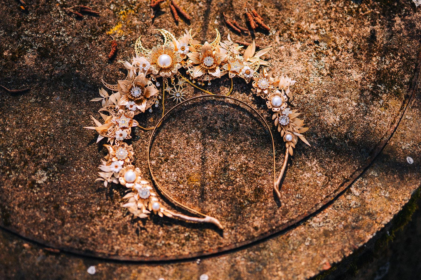 Gold Floral Halo Crown Moon Bridal Headpiece Boho Wedding Goddess Crown