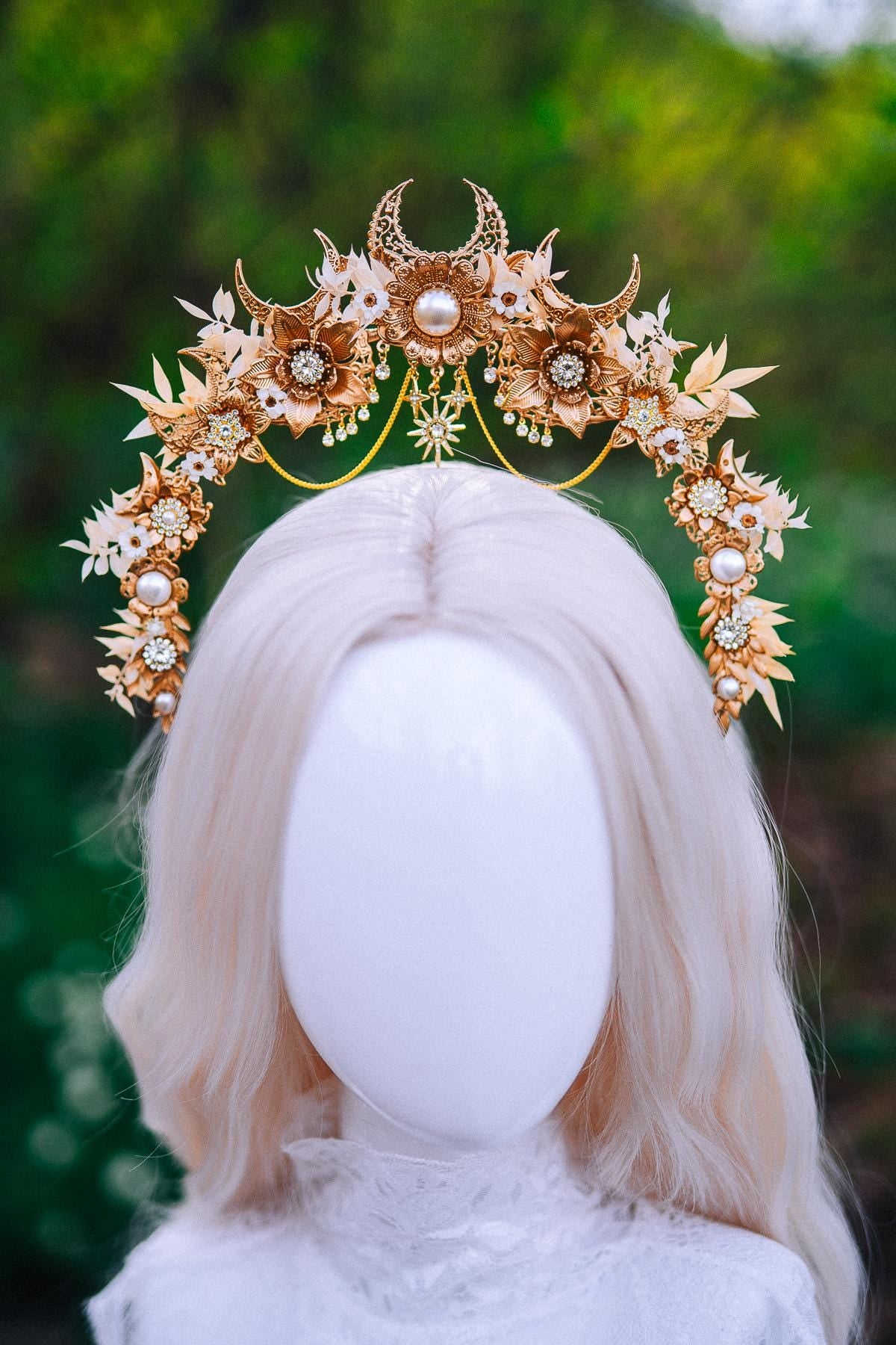 Gold Floral Halo Crown Moon Bridal Headpiece Boho Wedding Goddess Crown