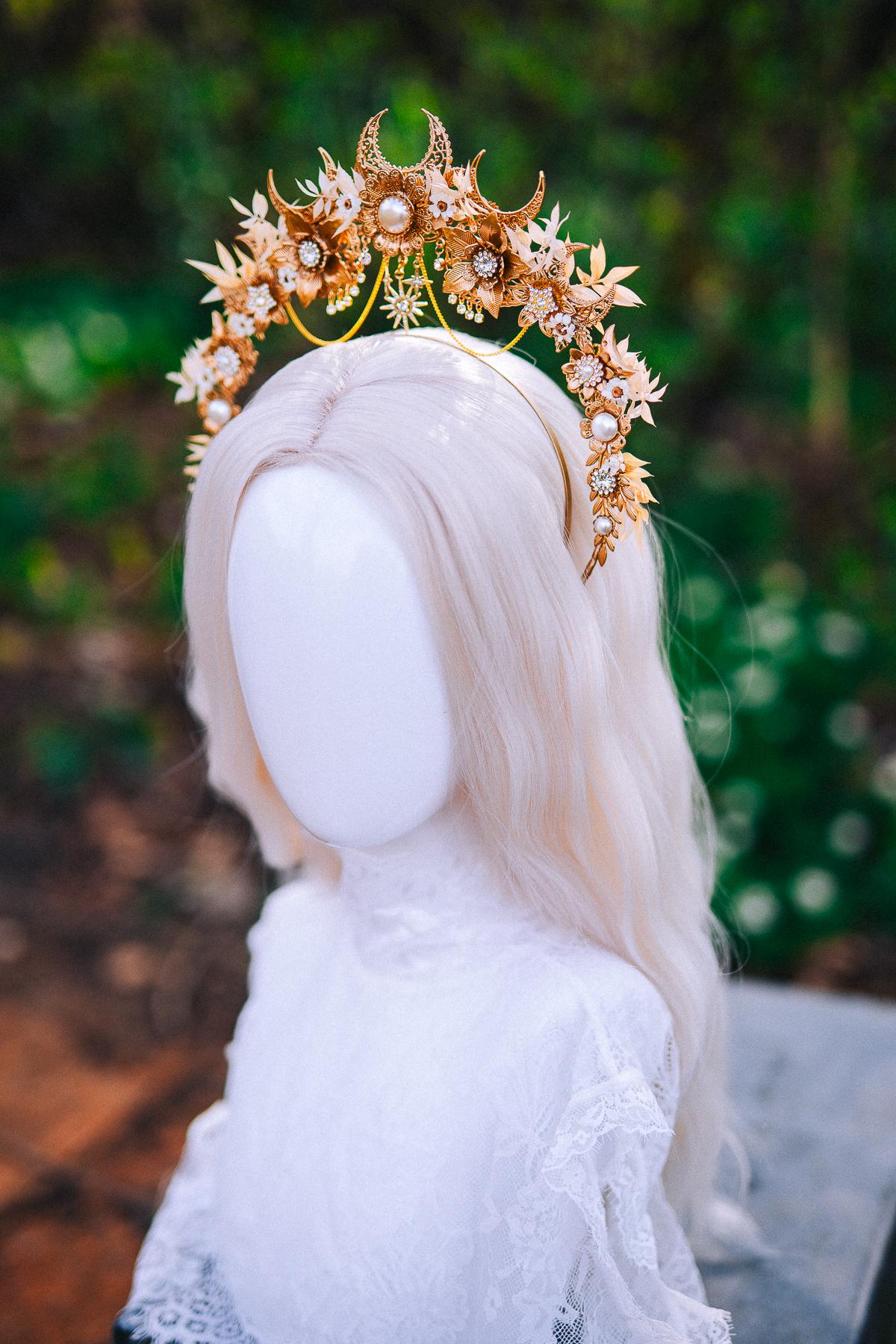 Gold Floral Halo Crown Moon Bridal Headpiece Boho Wedding Goddess Crown