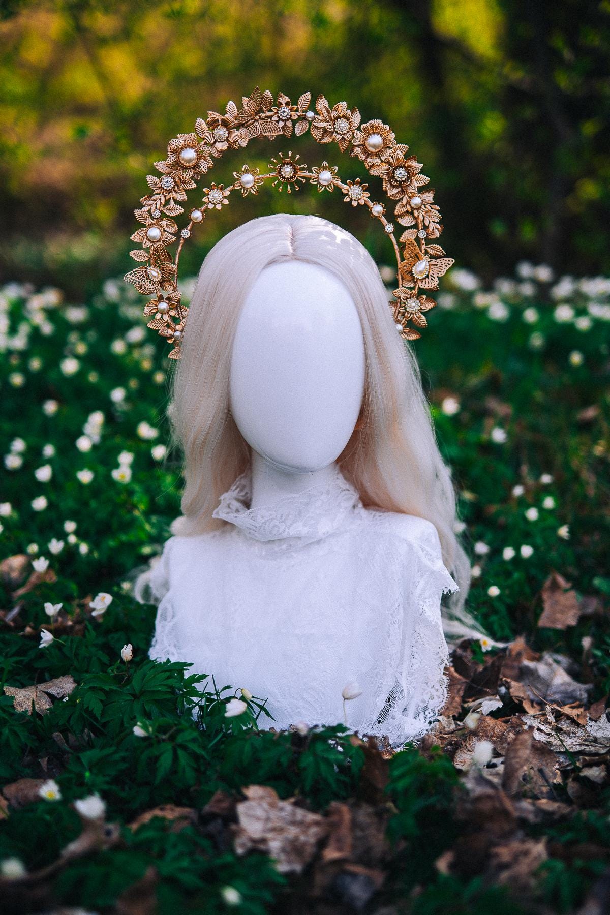 Gold Double Halo Crown Floral Bridal Headpiece Boho Goddess Wedding Crown