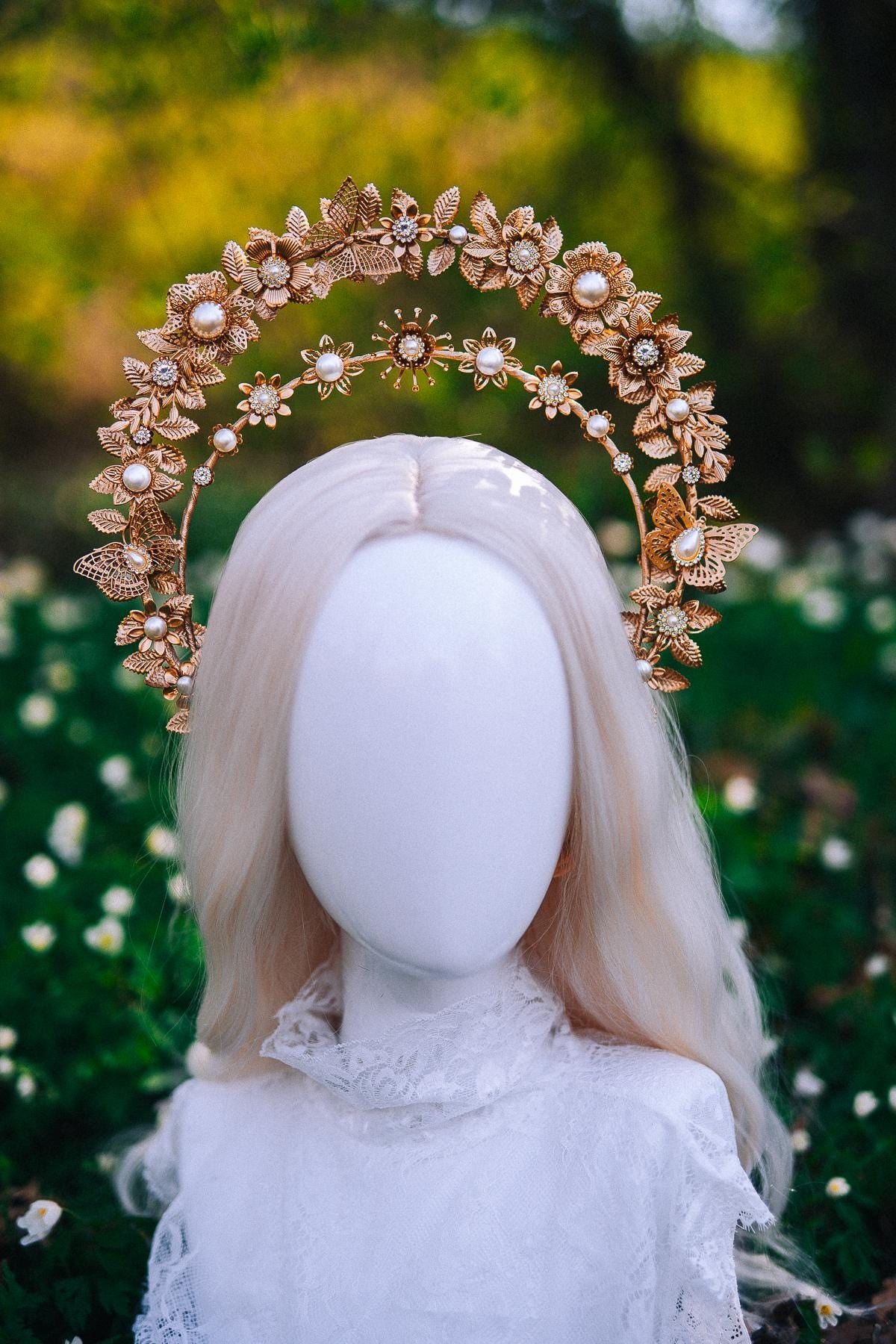 Gold Double Halo Crown Floral Bridal Headpiece Boho Goddess Wedding Crown