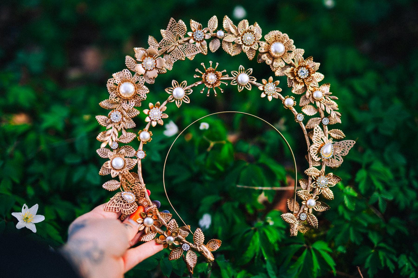 Gold Double Halo Crown Floral Bridal Headpiece Boho Goddess Wedding Crown