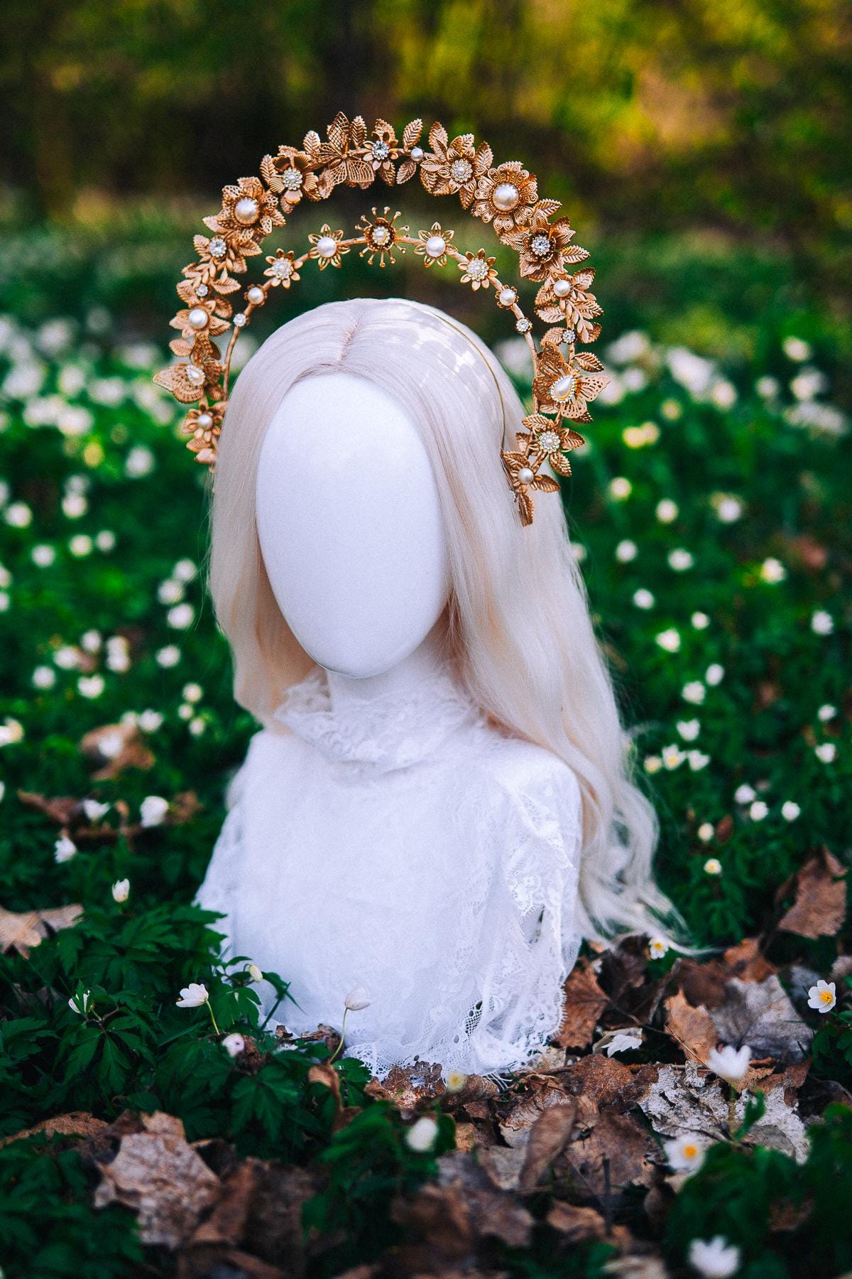Gold Double Halo Crown Floral Bridal Headpiece Boho Goddess Wedding Crown