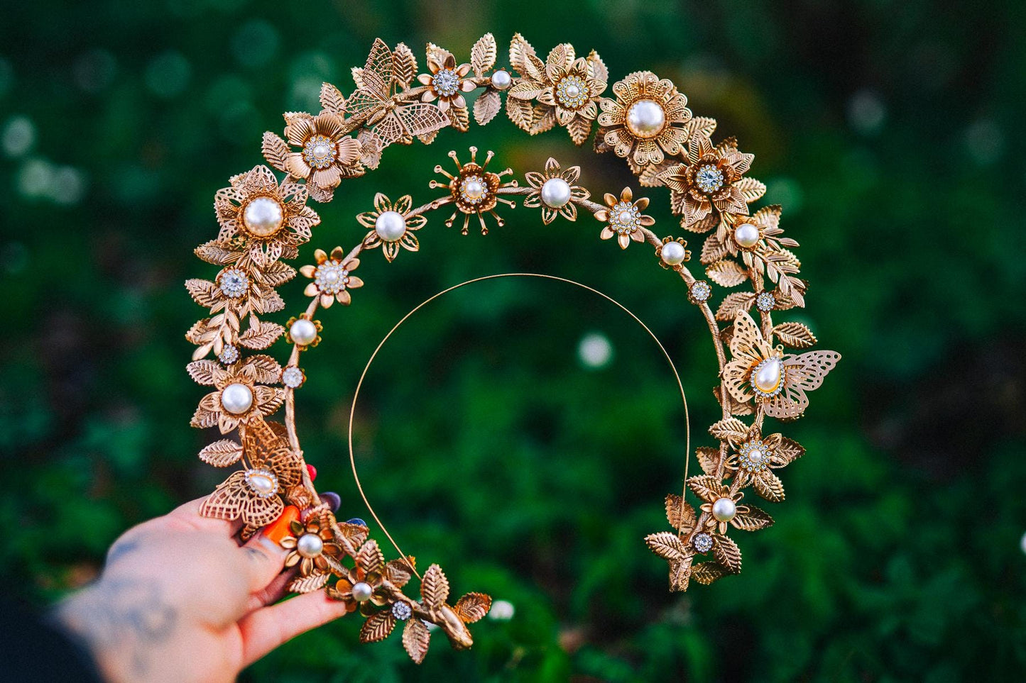 Gold Double Halo Crown Floral Bridal Headpiece Boho Goddess Wedding Crown