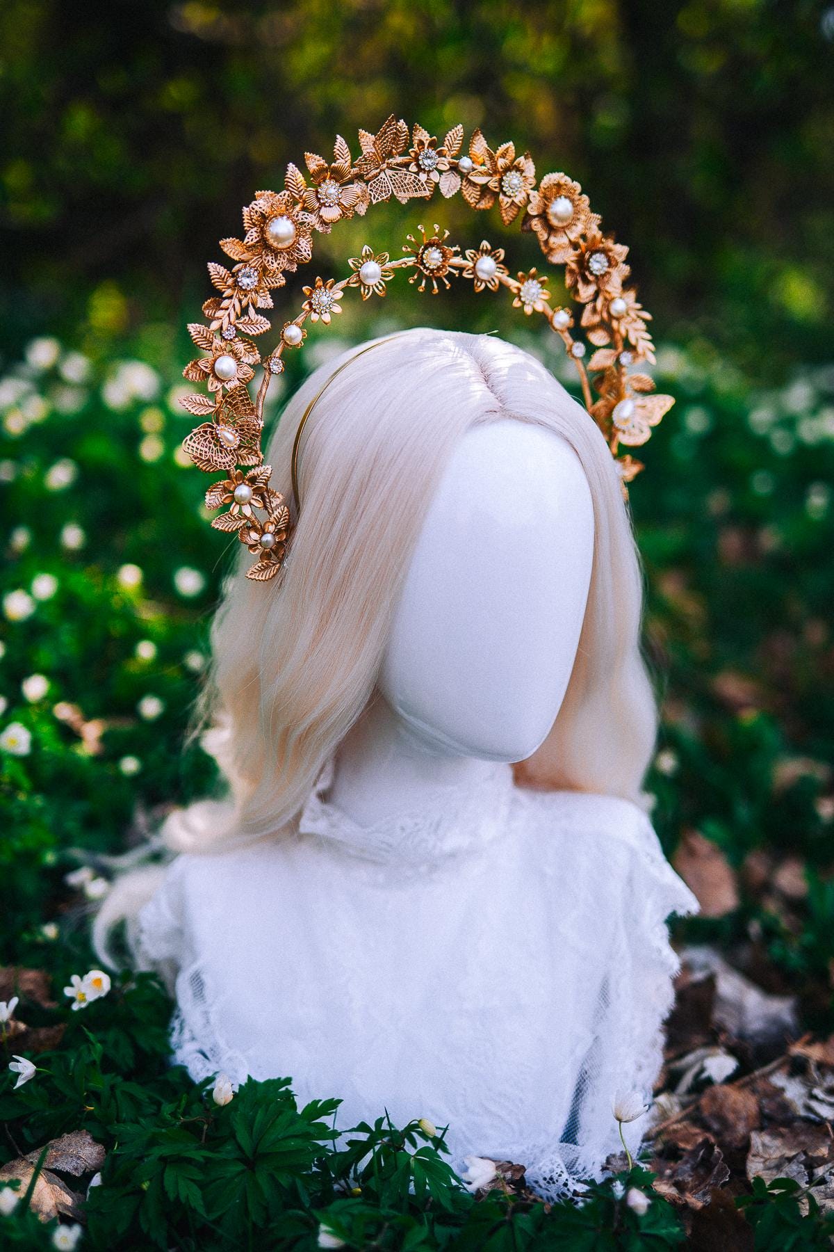 Gold Double Halo Crown Floral Bridal Headpiece Boho Goddess Wedding Crown