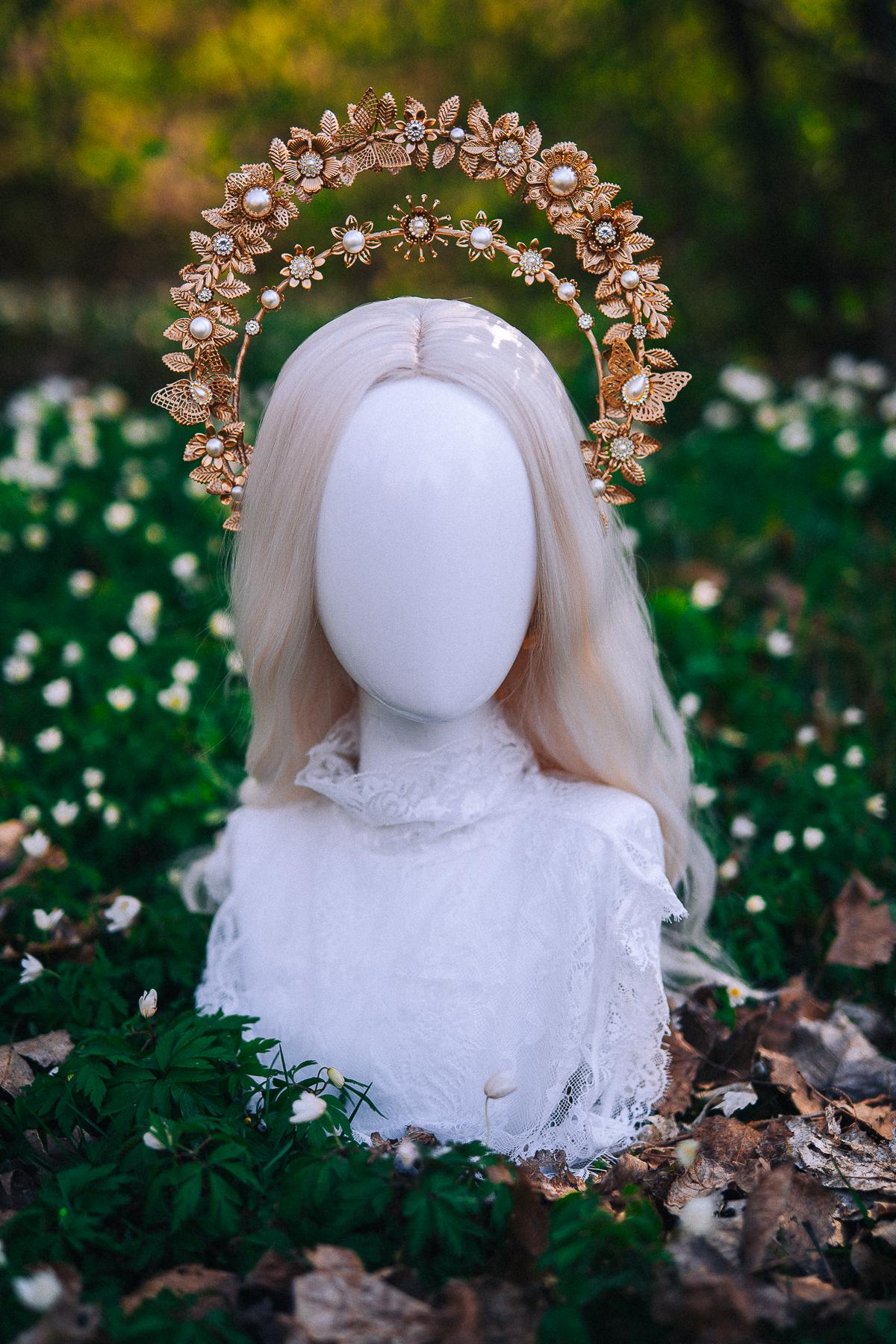 Gold Double Halo Crown Floral Bridal Headpiece Boho Goddess Wedding Crown