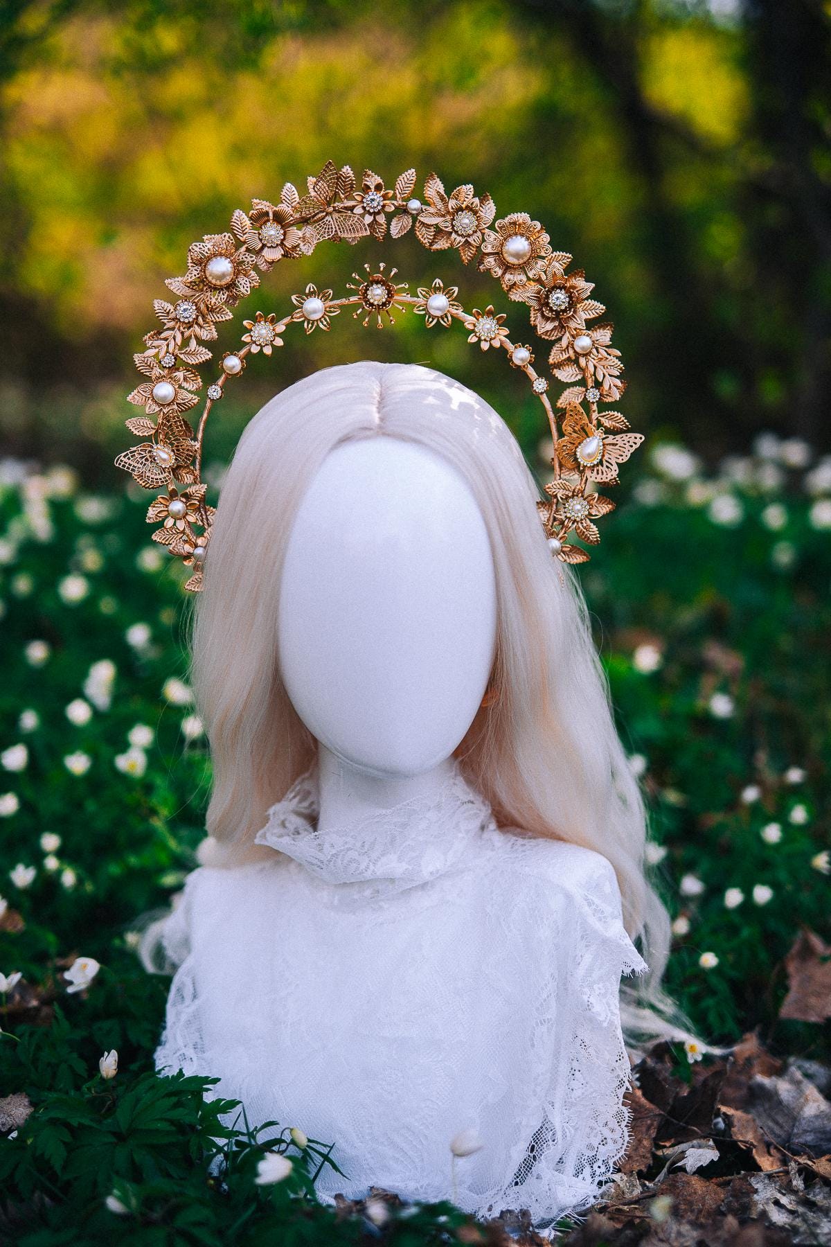 Gold Double Halo Crown Floral Bridal Headpiece Boho Goddess Wedding Crown
