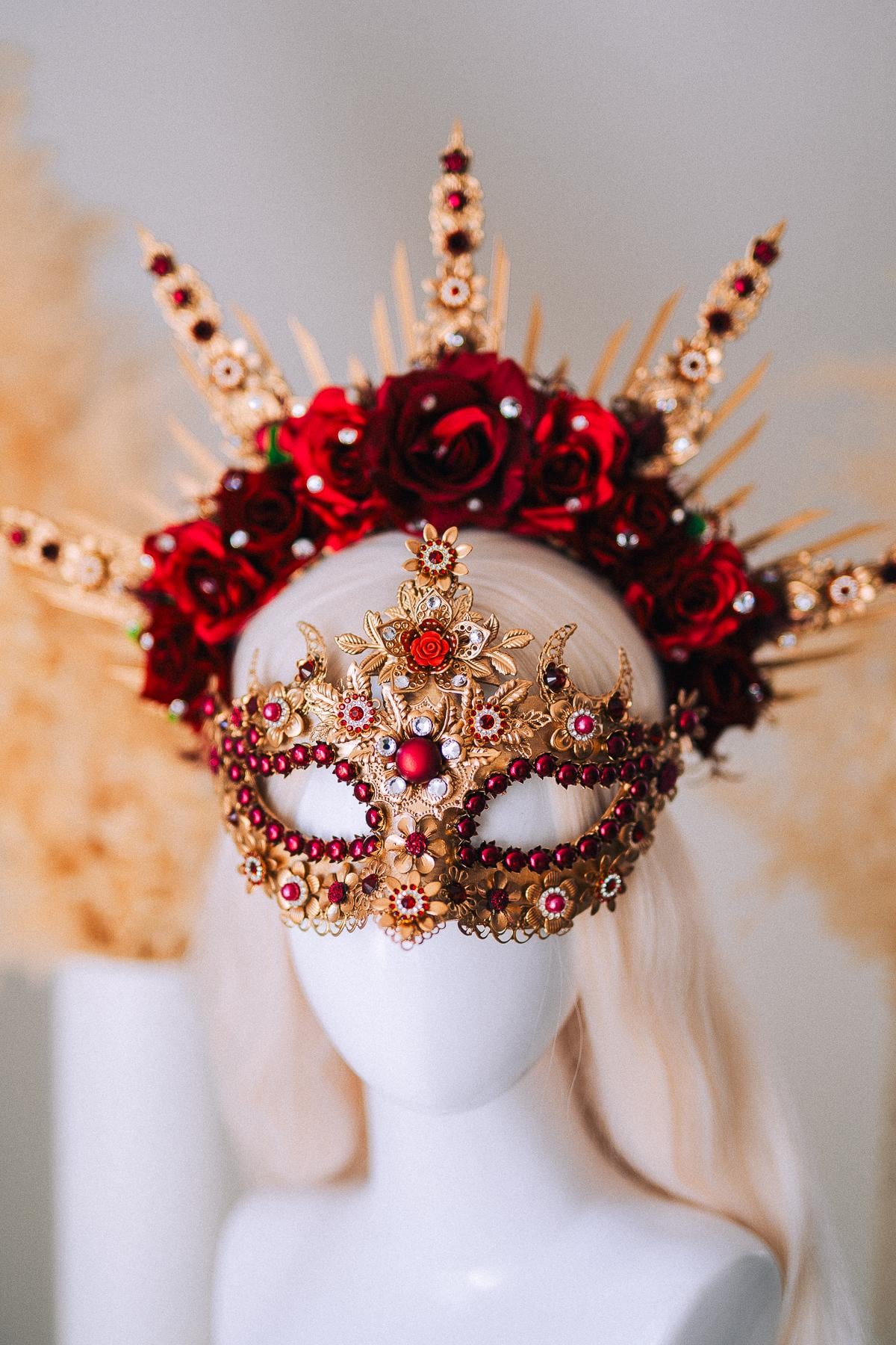 Burgundy Gold Crystal Masquerade Mask with Halo Crown, Venetian Mardi Gras Costume