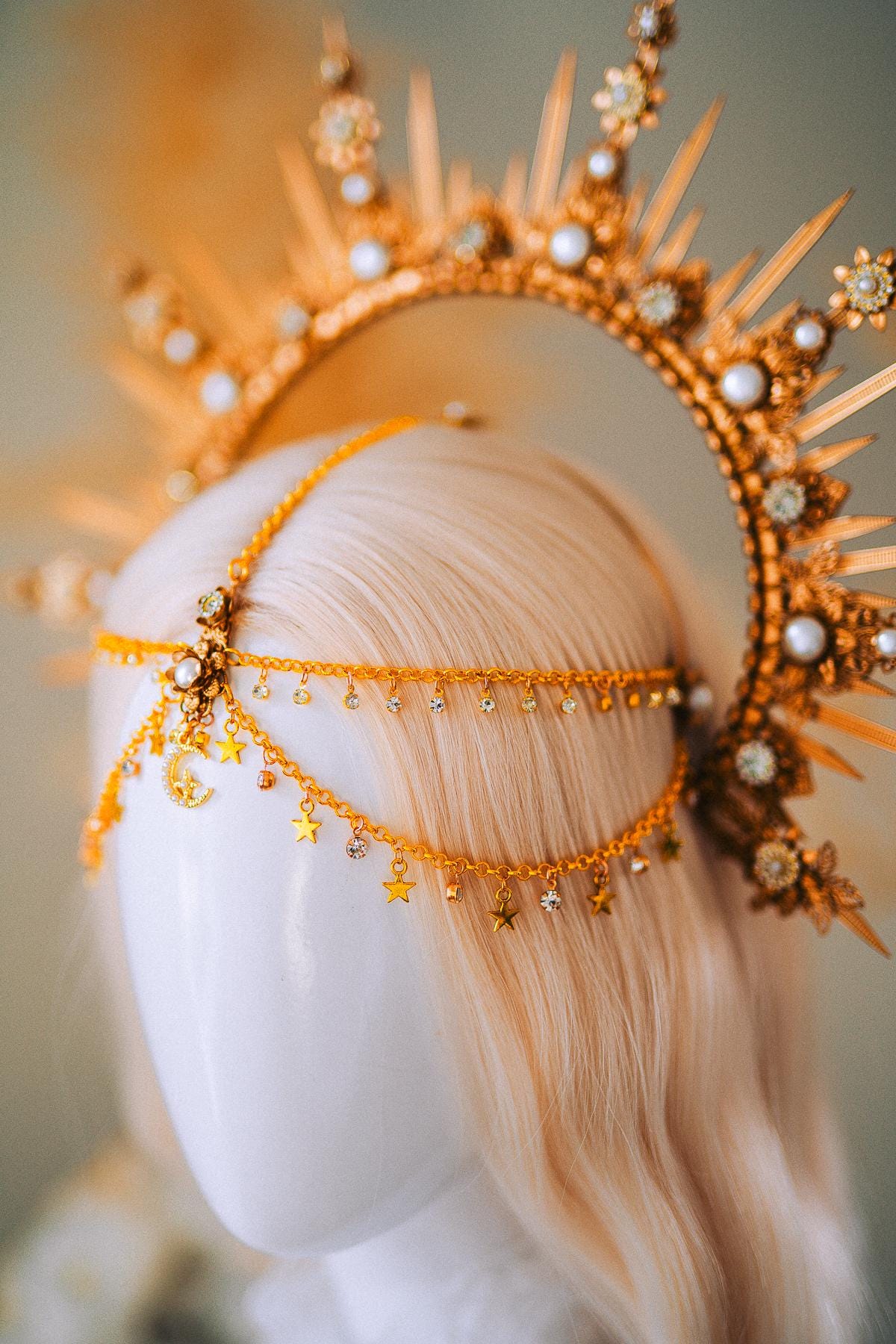 Boho Wedding Halo Crown Gold Sunburst Tiara Celestial Bridal Headpiece