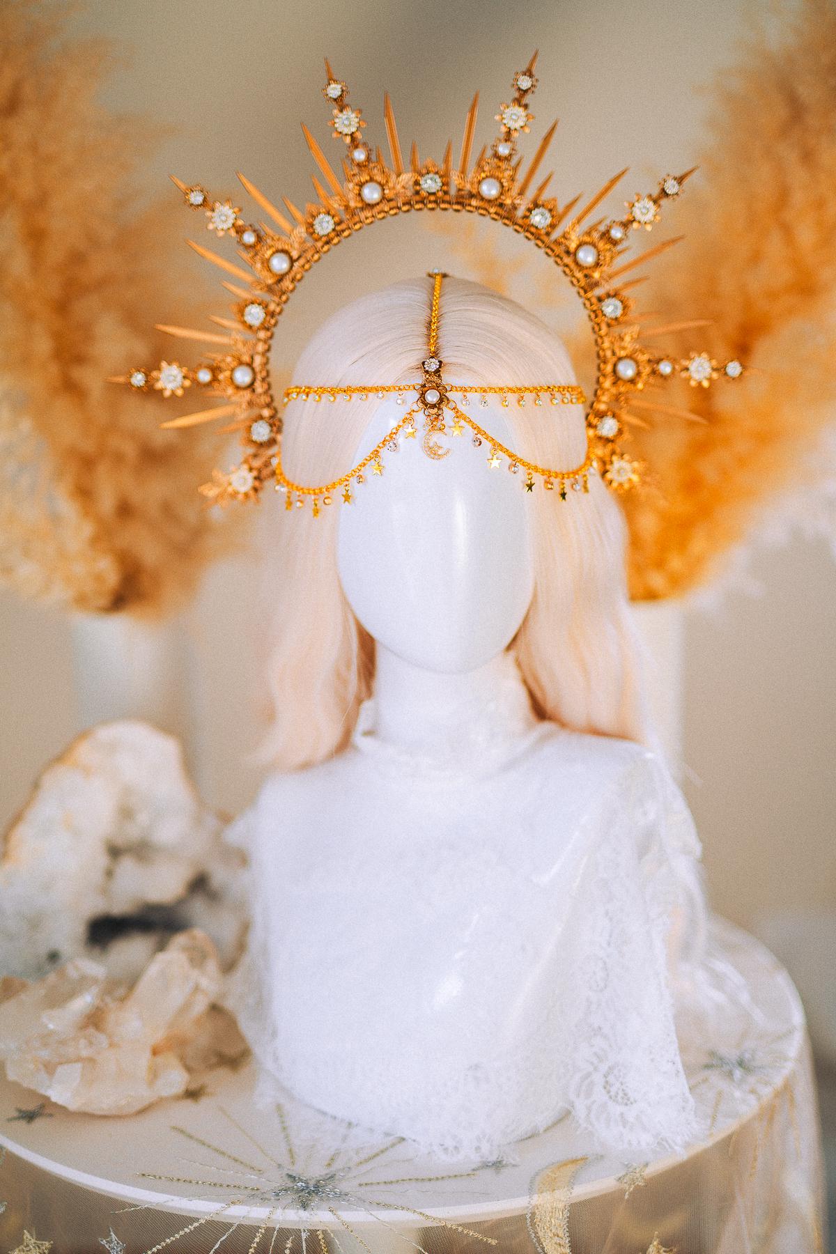 Boho Wedding Halo Crown Gold Sunburst Tiara Celestial Bridal Headpiece