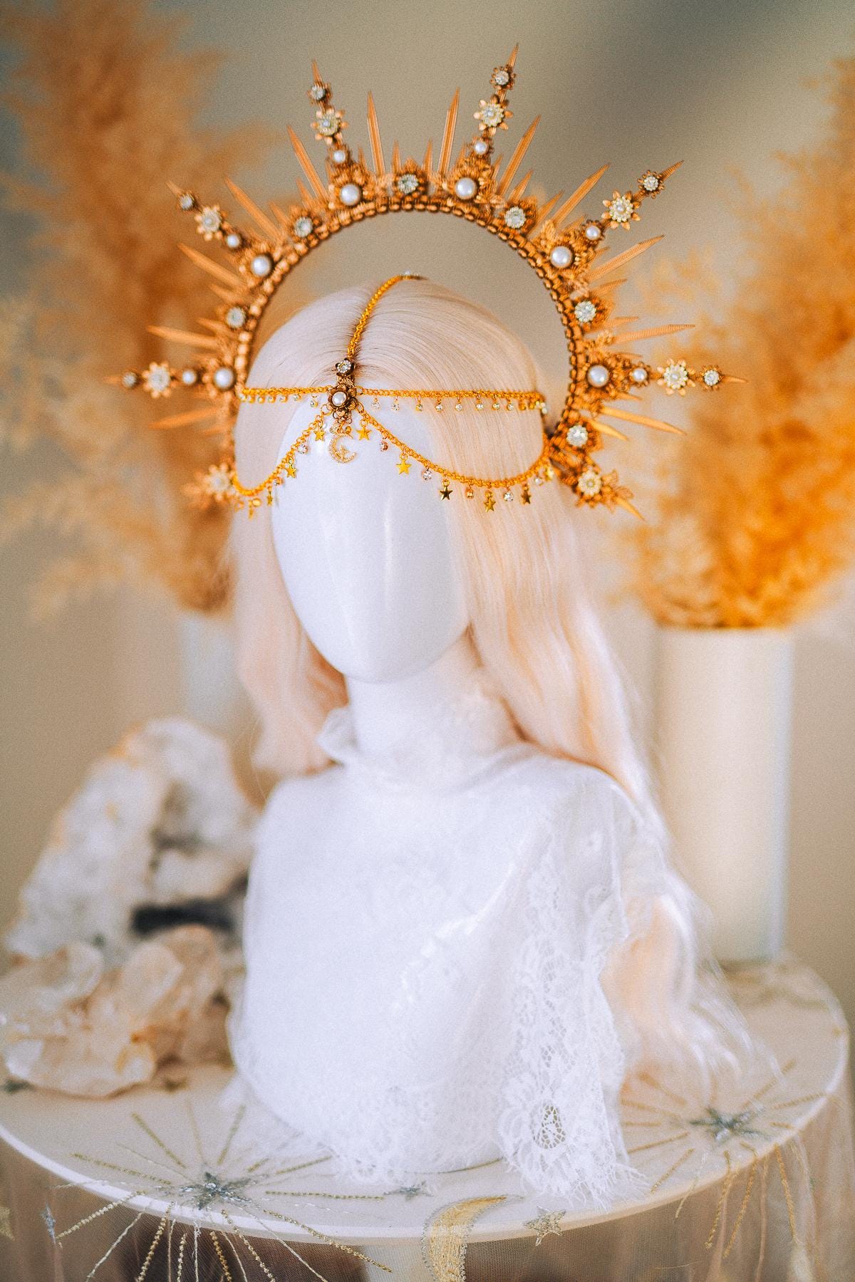 Boho Wedding Halo Crown Gold Sunburst Tiara Celestial Bridal Headpiece