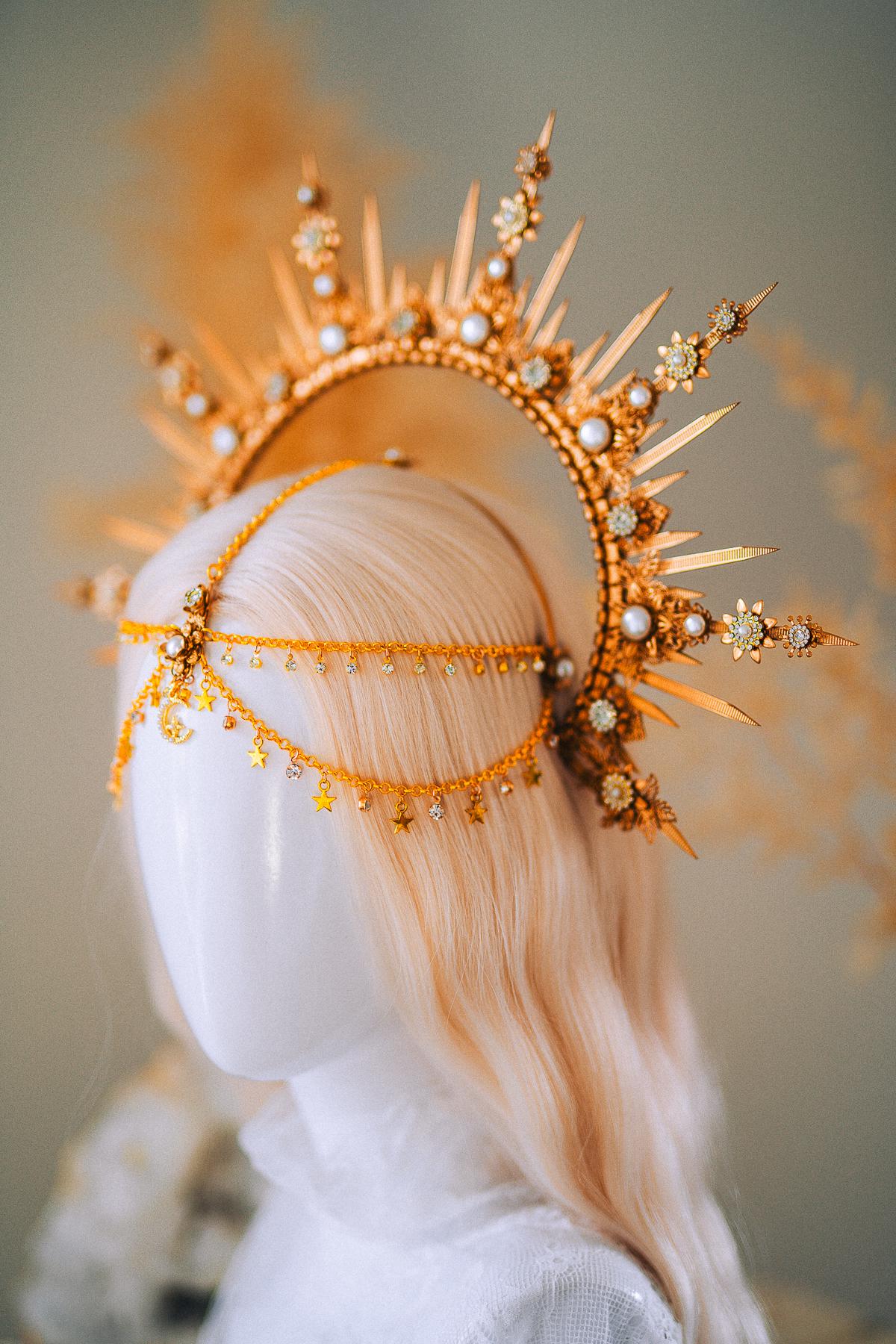 Boho Wedding Halo Crown Gold Sunburst Tiara Celestial Bridal Headpiece