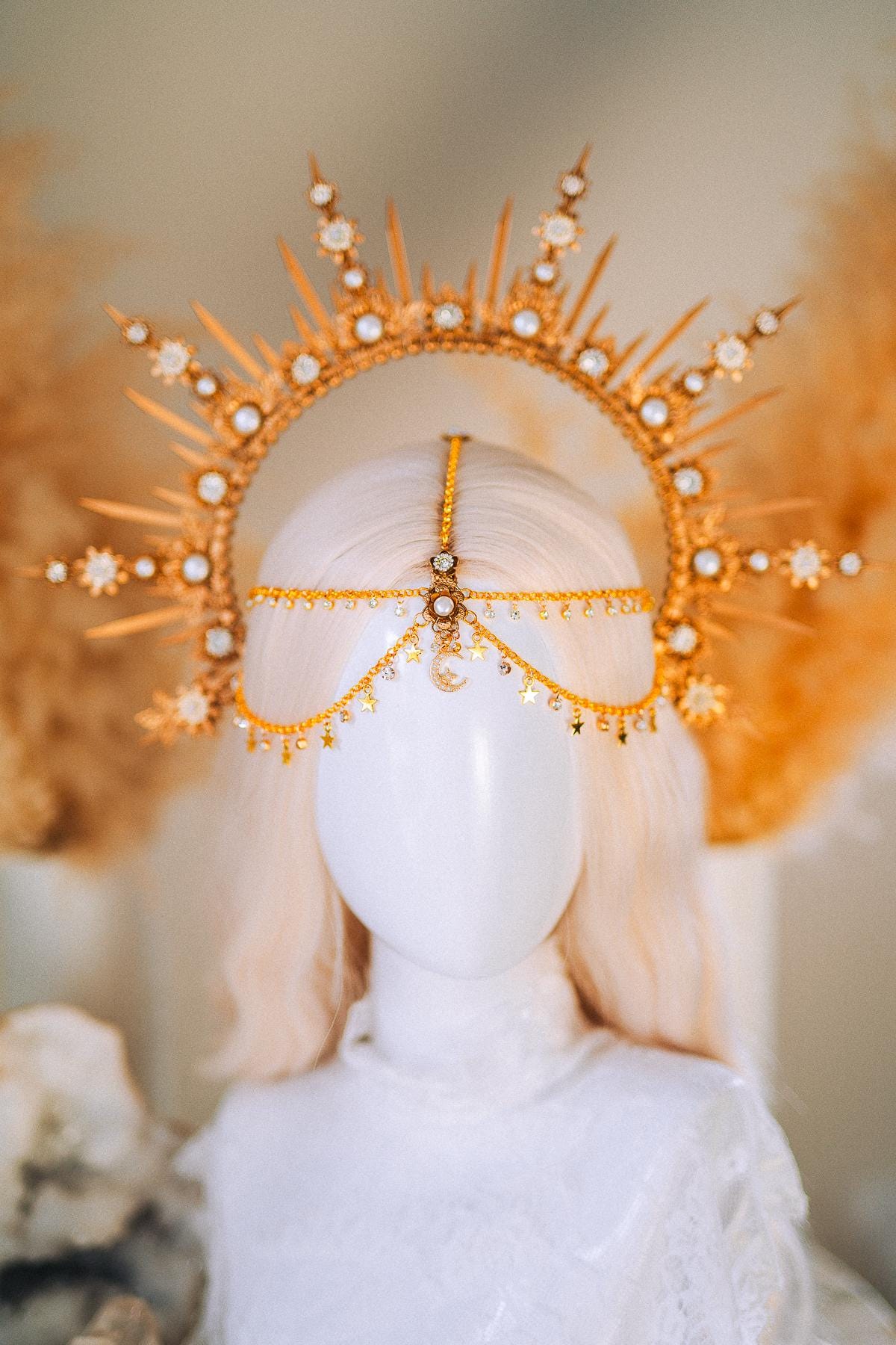 Boho Wedding Halo Crown Gold Sunburst Tiara Celestial Bridal Headpiece