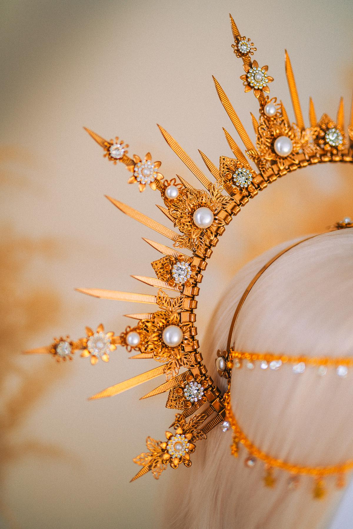 Boho Wedding Halo Crown Gold Sunburst Tiara Celestial Bridal Headpiece