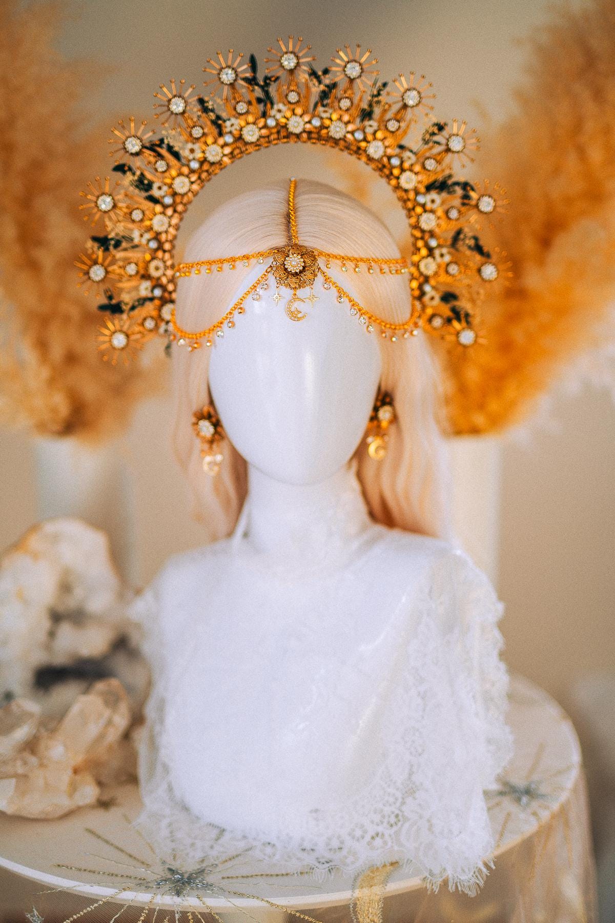 Gold Halo Crown with Pearls, Boho Bridal Headpiece, Gypsophila and Eucalyptus