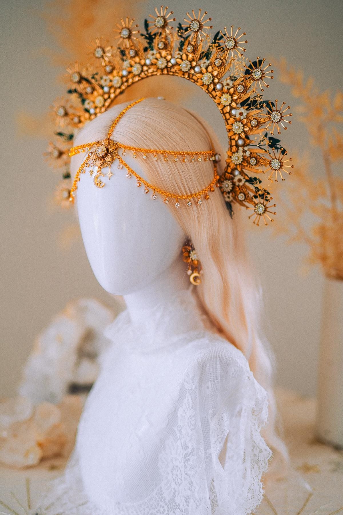 Gold Halo Crown with Pearls, Boho Bridal Headpiece, Gypsophila and Eucalyptus