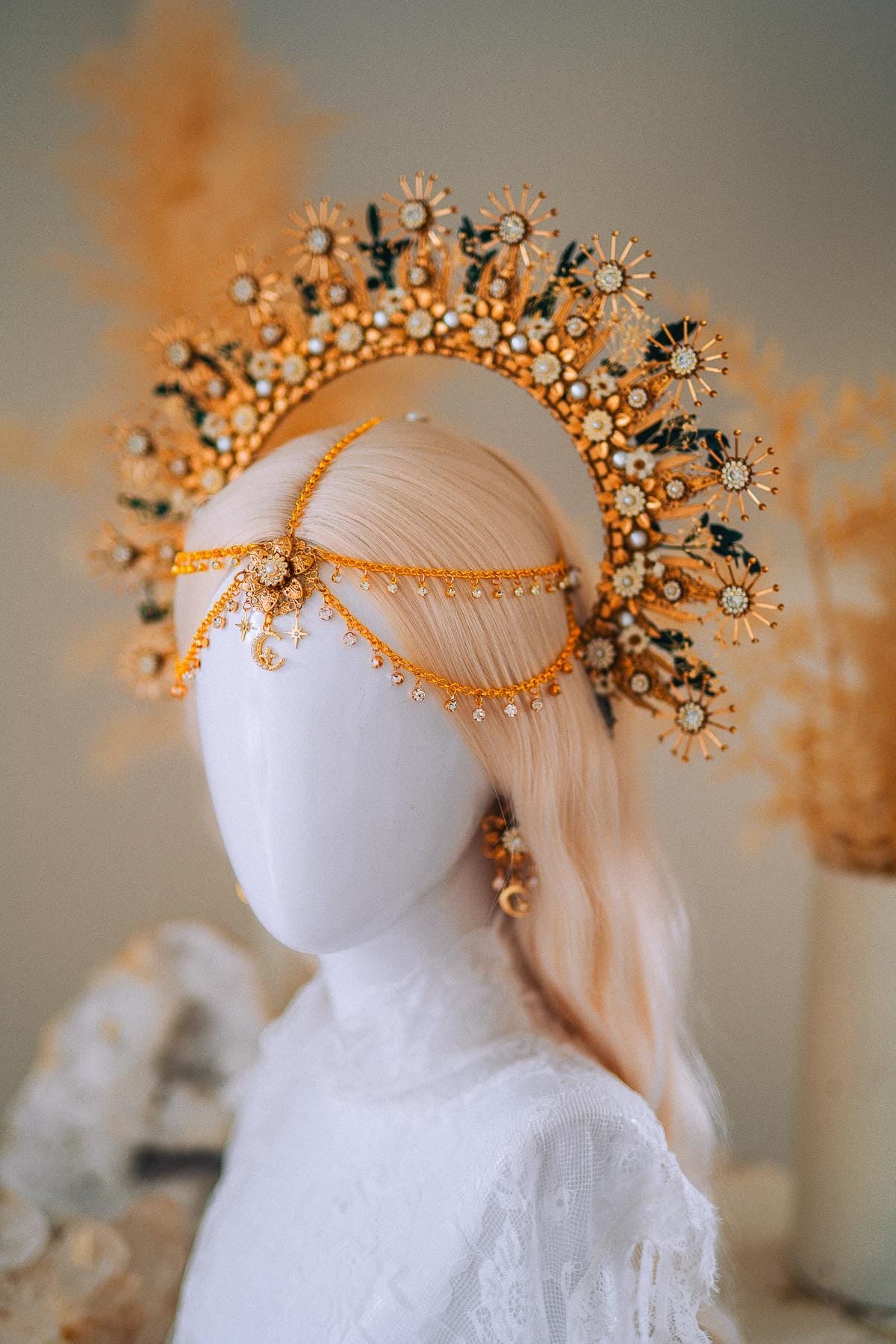 Gold Halo Crown with Pearls, Boho Bridal Headpiece, Gypsophila and Eucalyptus