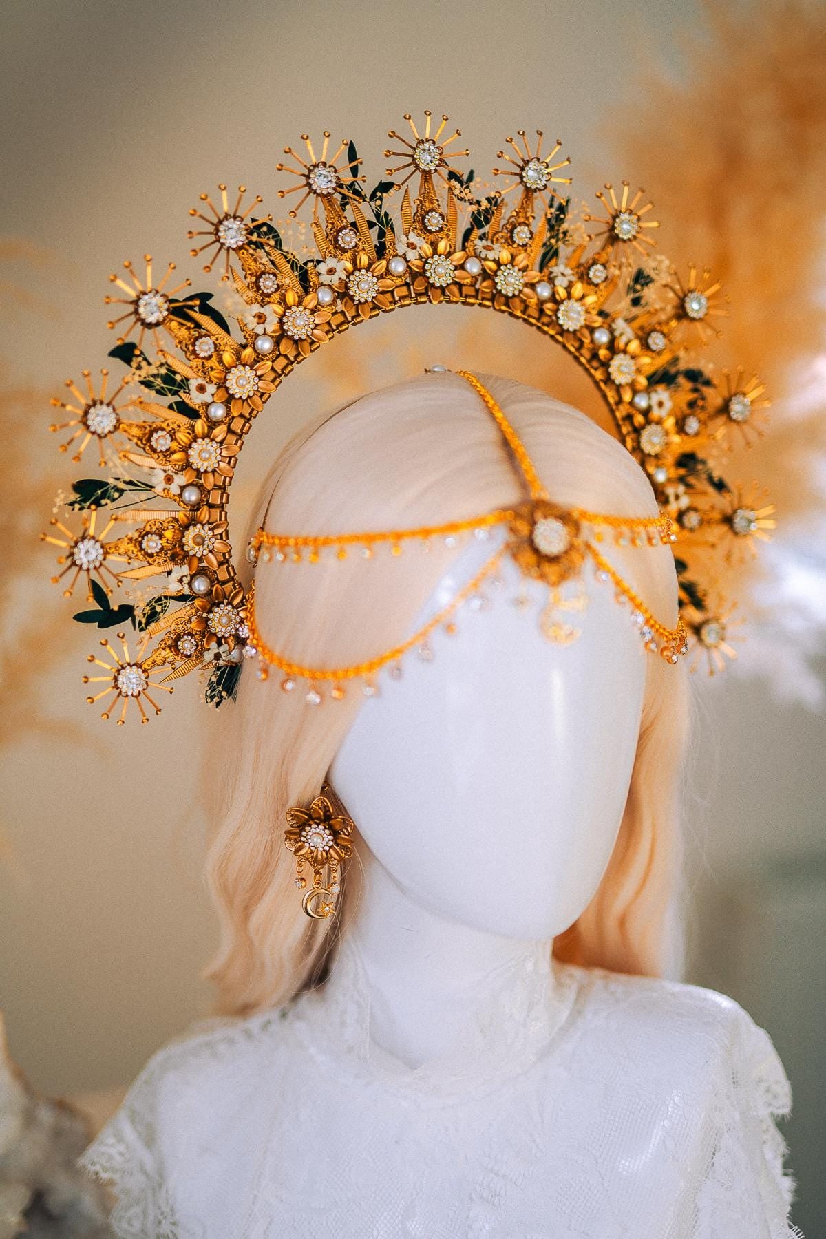 Gold Halo Crown with Pearls, Boho Bridal Headpiece, Gypsophila and Eucalyptus