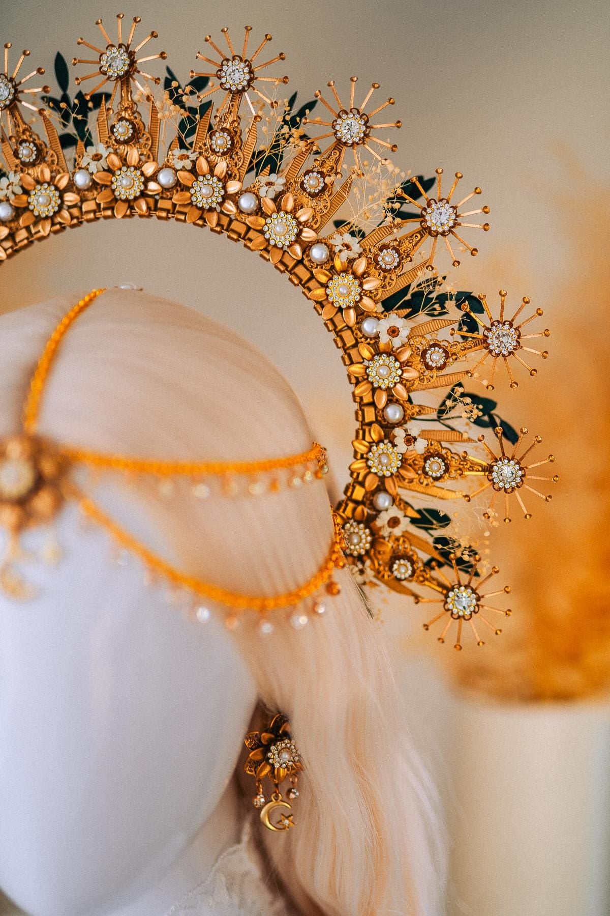 Gold Halo Crown with Pearls, Boho Bridal Headpiece, Gypsophila and Eucalyptus