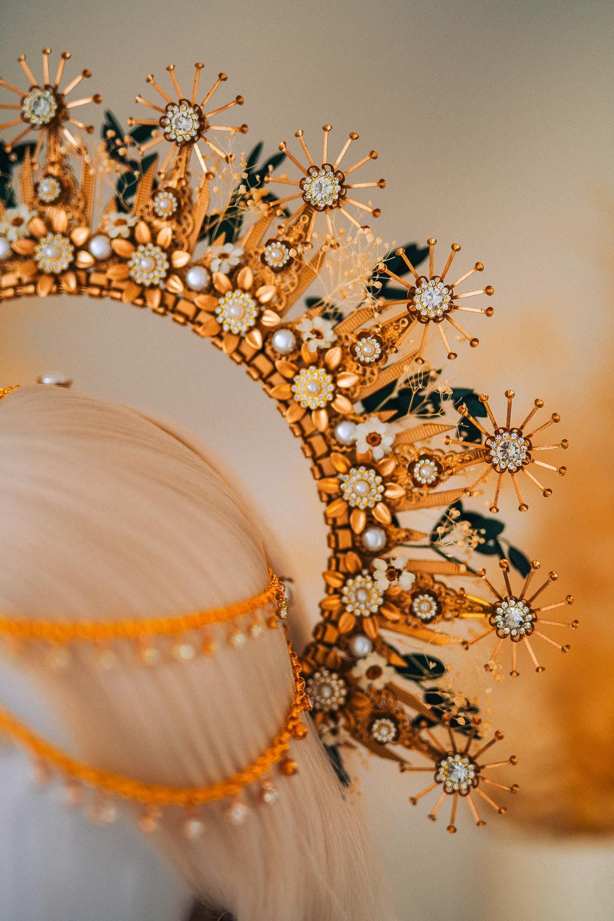 Gold Halo Crown with Pearls, Boho Bridal Headpiece, Gypsophila and Eucalyptus