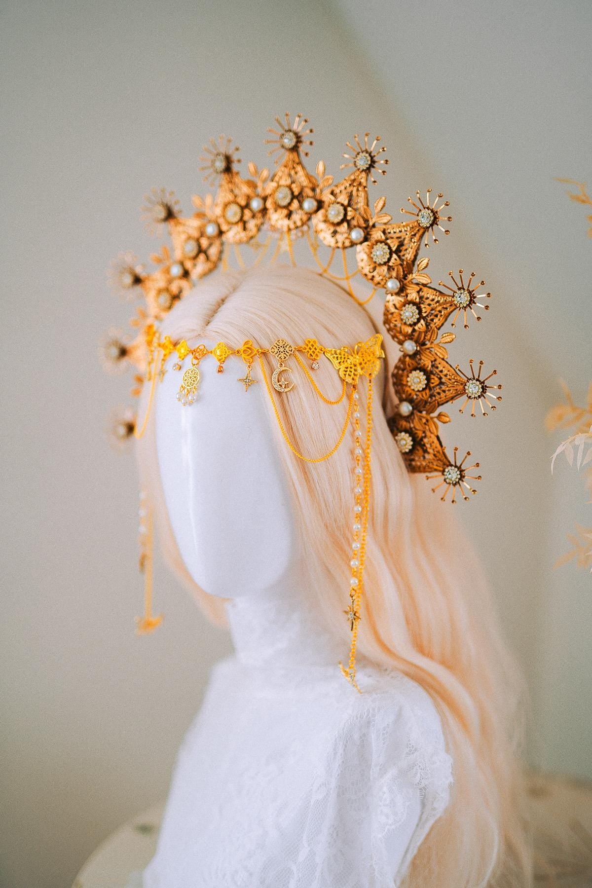 Golden Celestial Halo Crown Goddess Headpiece Wedding Festival Crown