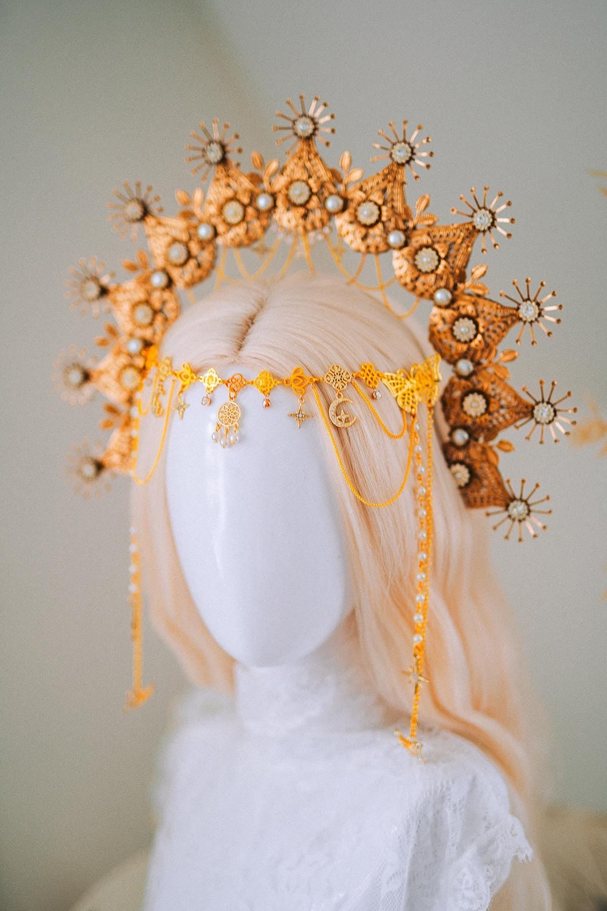 Golden Celestial Halo Crown Goddess Headpiece Wedding Festival Crown
