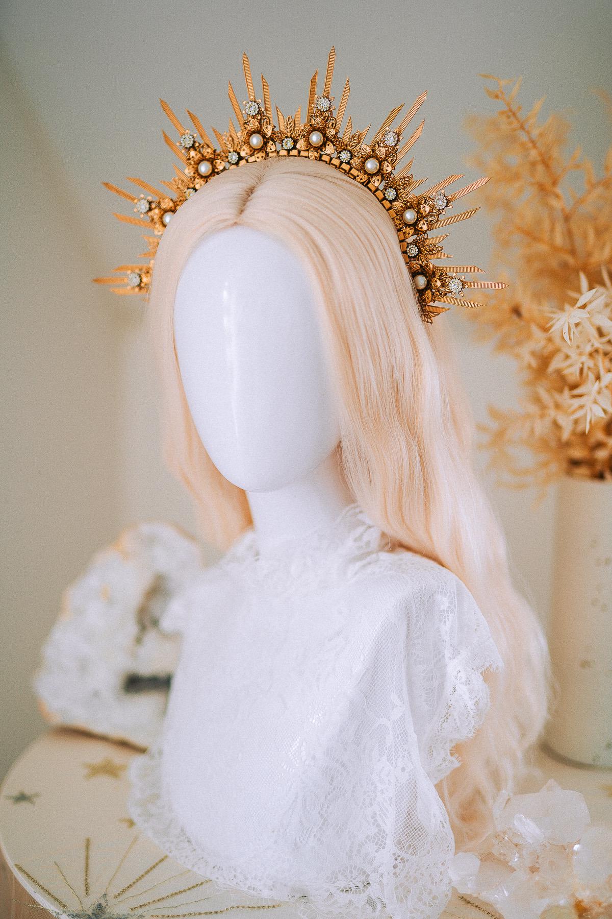 Golden Sun Halo Crown Bridal Goddess Headpiece