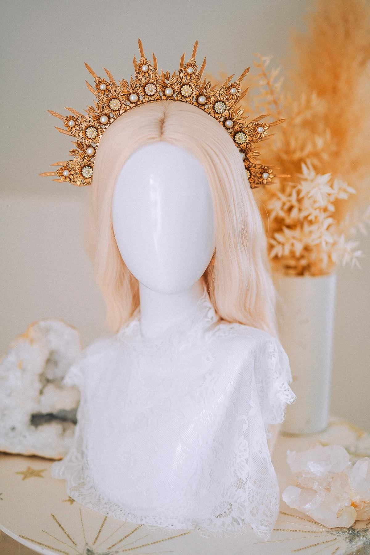 Golden Floral Sun Halo Crown Bridal Headpiece