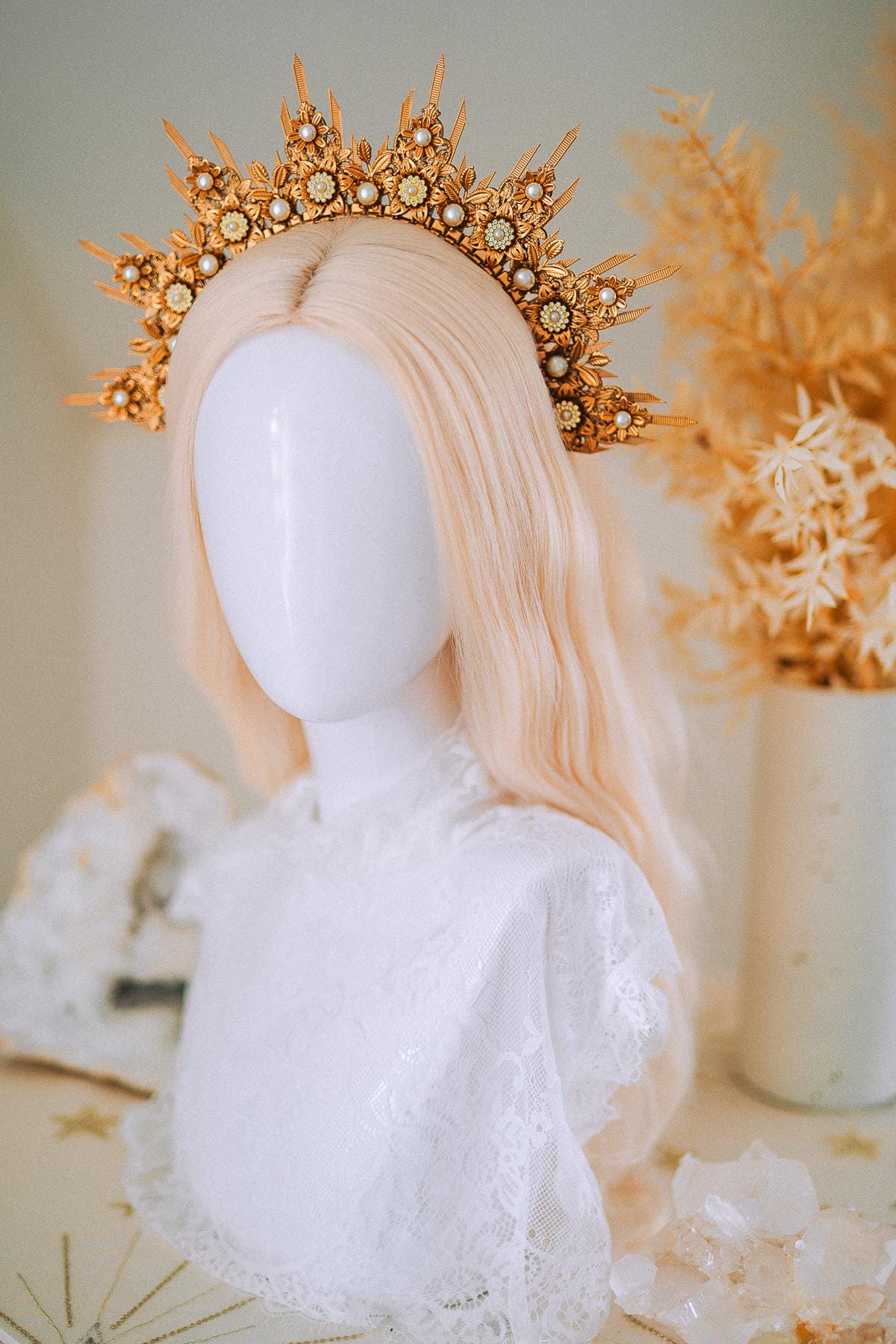 Golden Floral Sun Halo Crown Bridal Headpiece