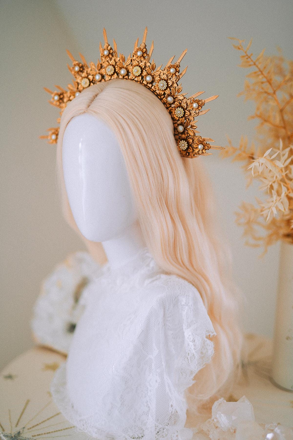 Golden Floral Sun Halo Crown Bridal Headpiece