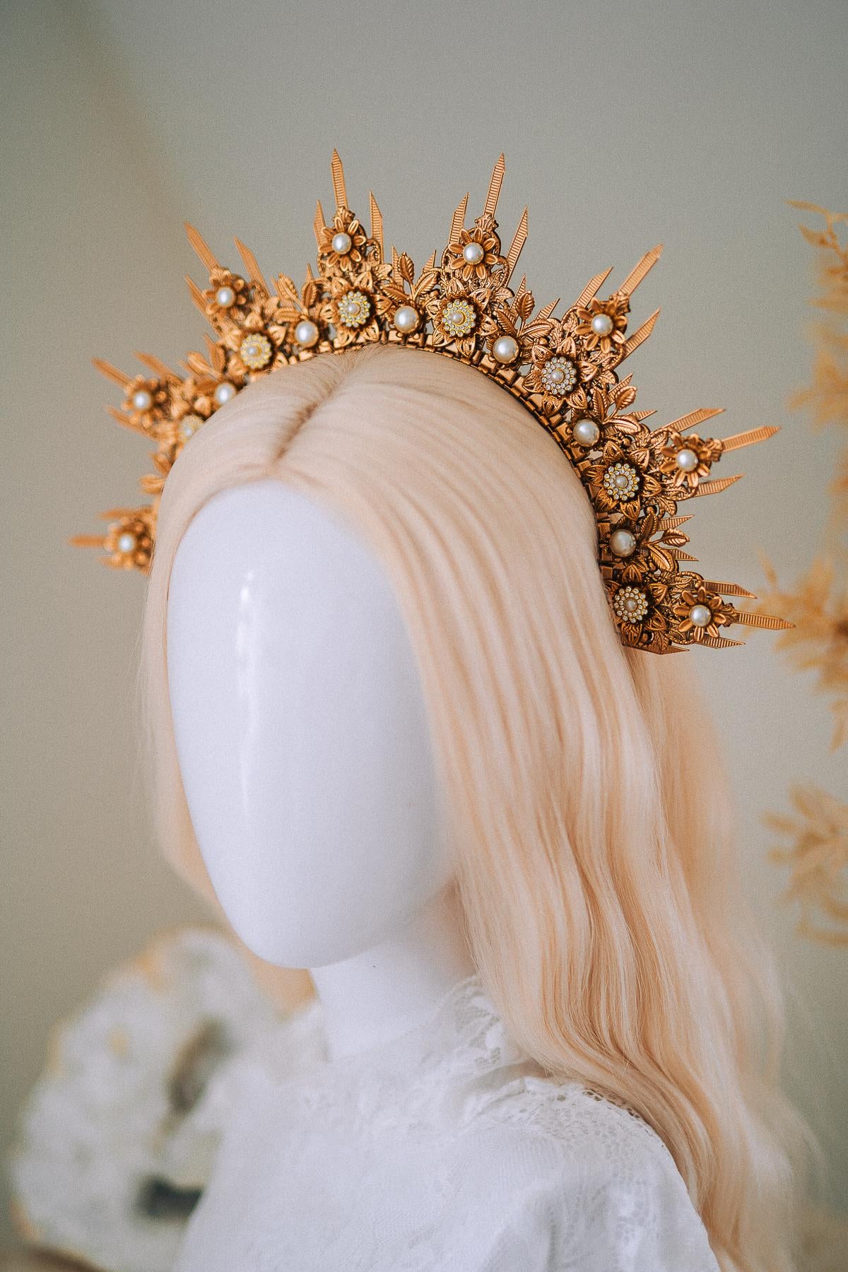 Golden Floral Sun Halo Crown Bridal Headpiece