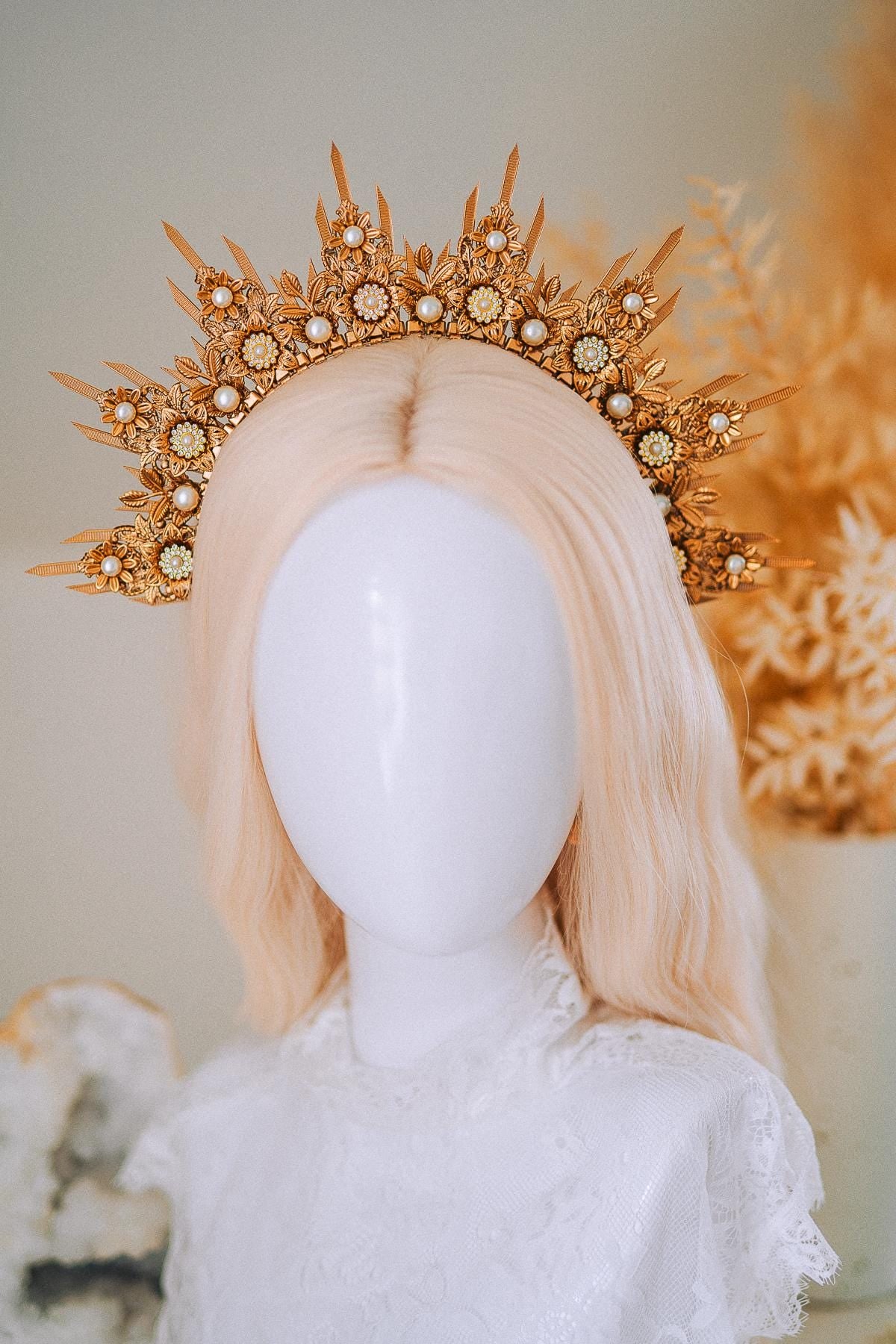 Golden Floral Sun Halo Crown Bridal Headpiece