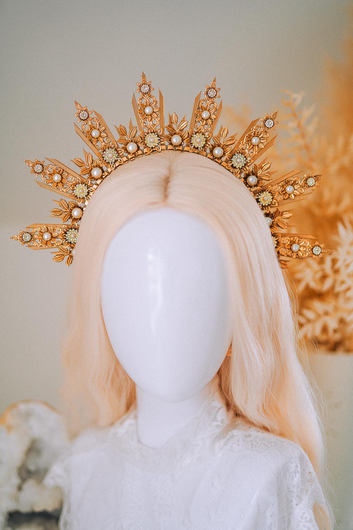 Golden Sun Halo Crown Bridal Headpiece