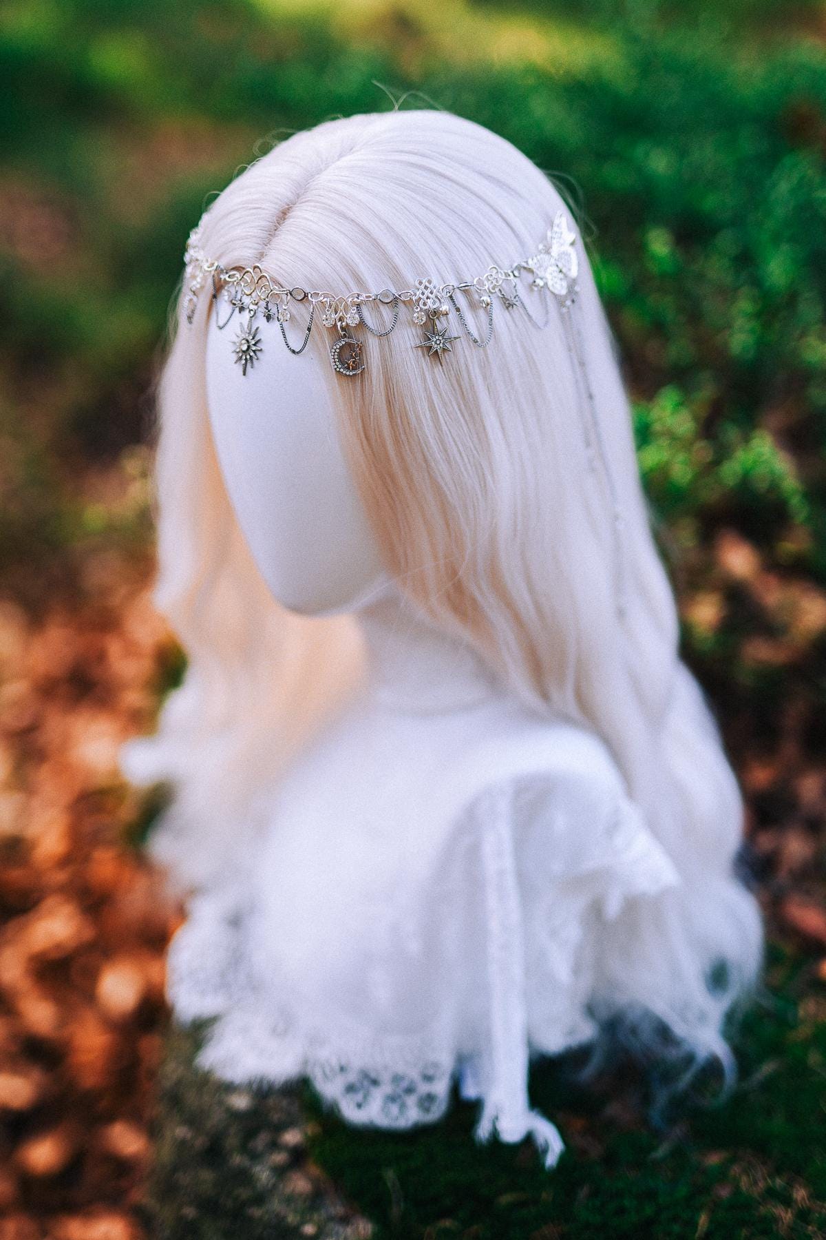 Silver Celestial Head Chain Moon Crown Elf Headpiece Festival Hair Jewelry Bridal Goddess Crown
