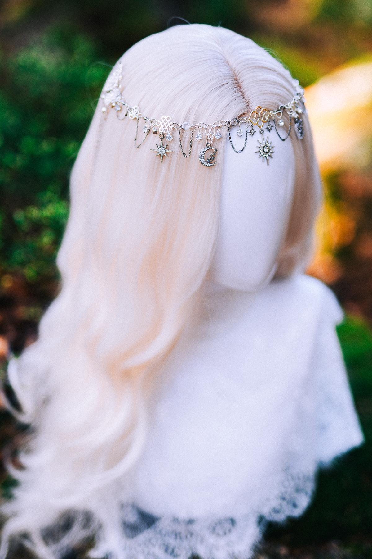 Silver Celestial Head Chain Moon Crown Elf Headpiece Festival Hair Jewelry Bridal Goddess Crown