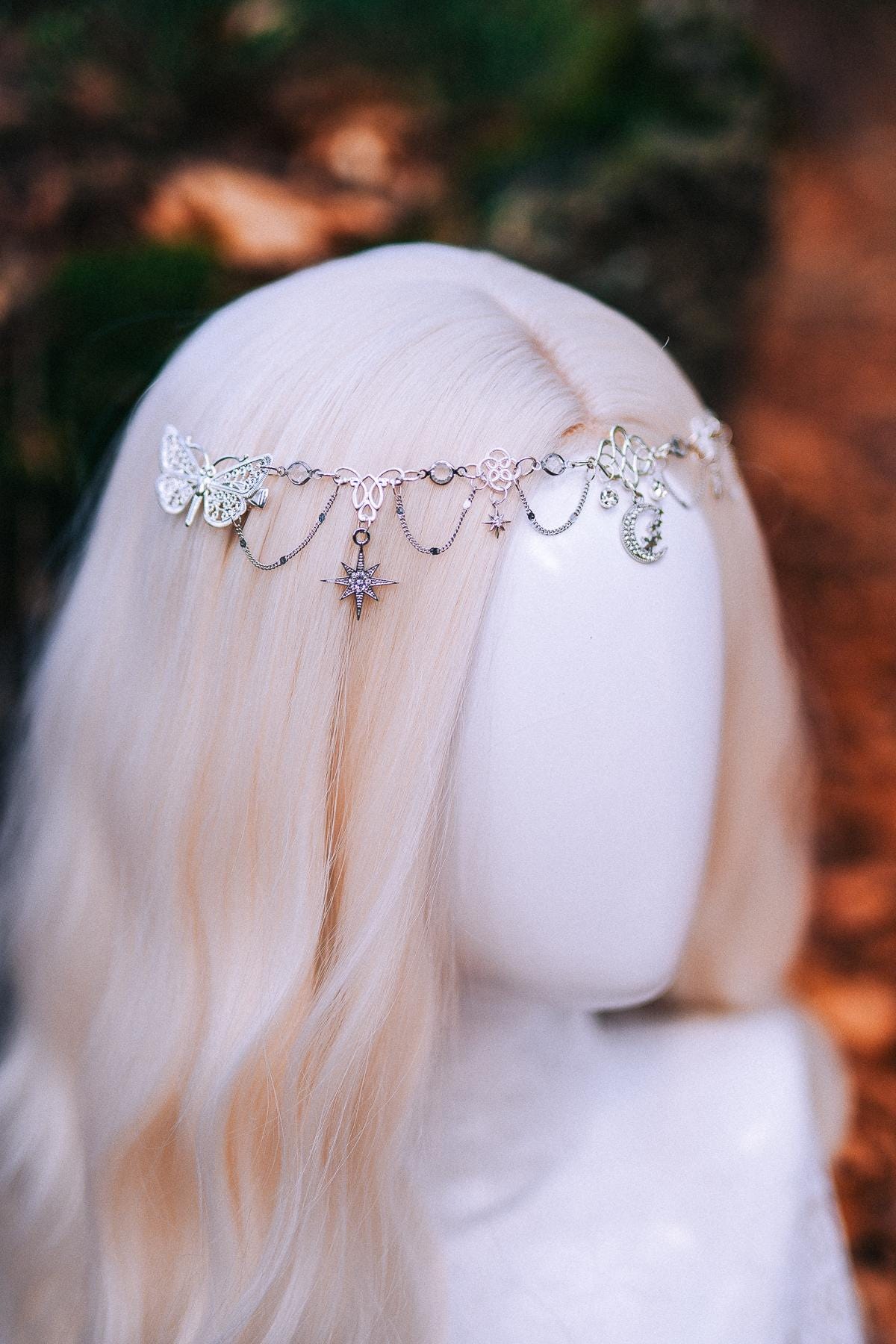 Silver Celestial Head Chain Moon Crown Bridal Headpiece Elf Wedding Hair Jewelry Goddess Headpiece