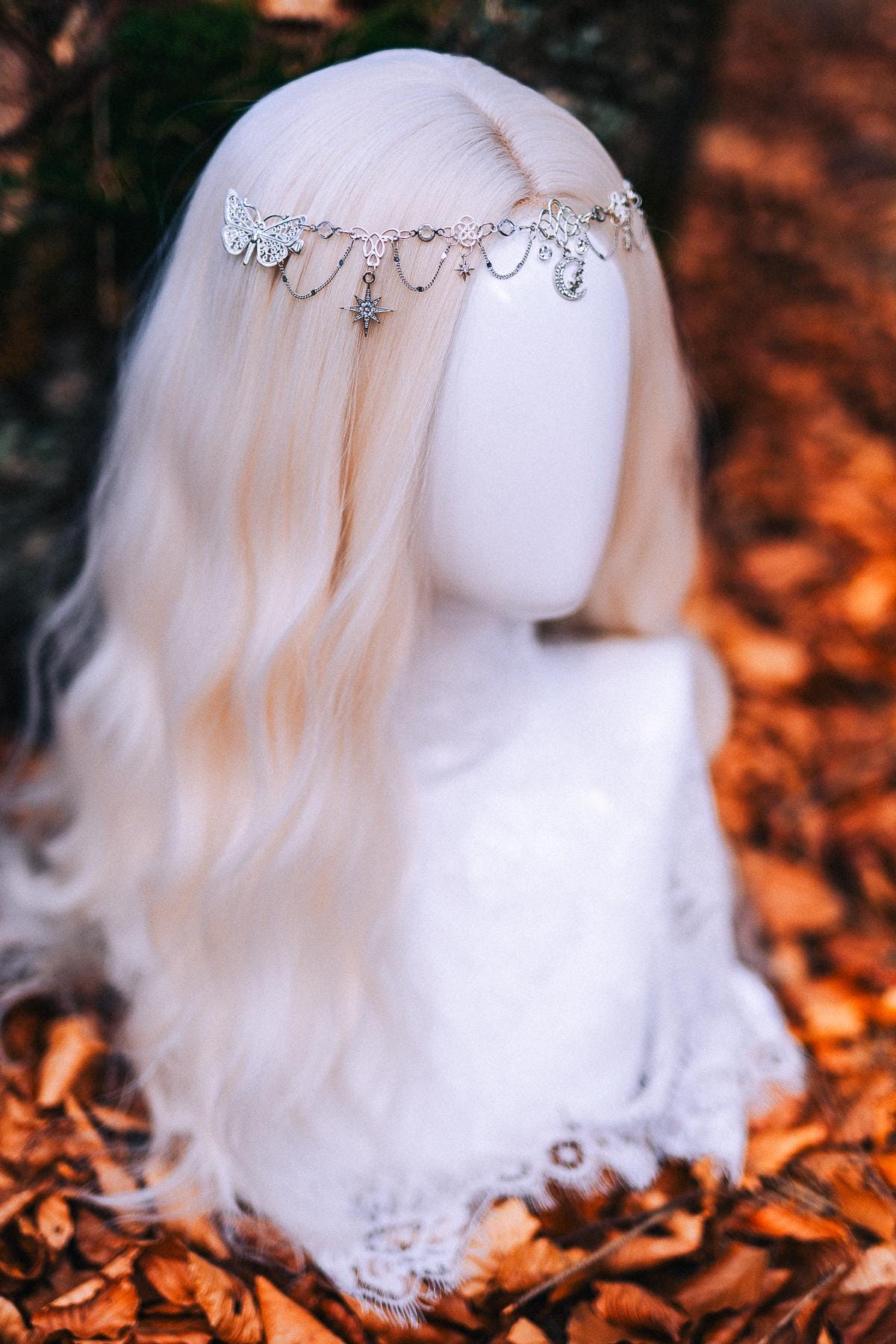 Silver Celestial Head Chain Moon Crown Bridal Headpiece Elf Wedding Hair Jewelry Goddess Headpiece